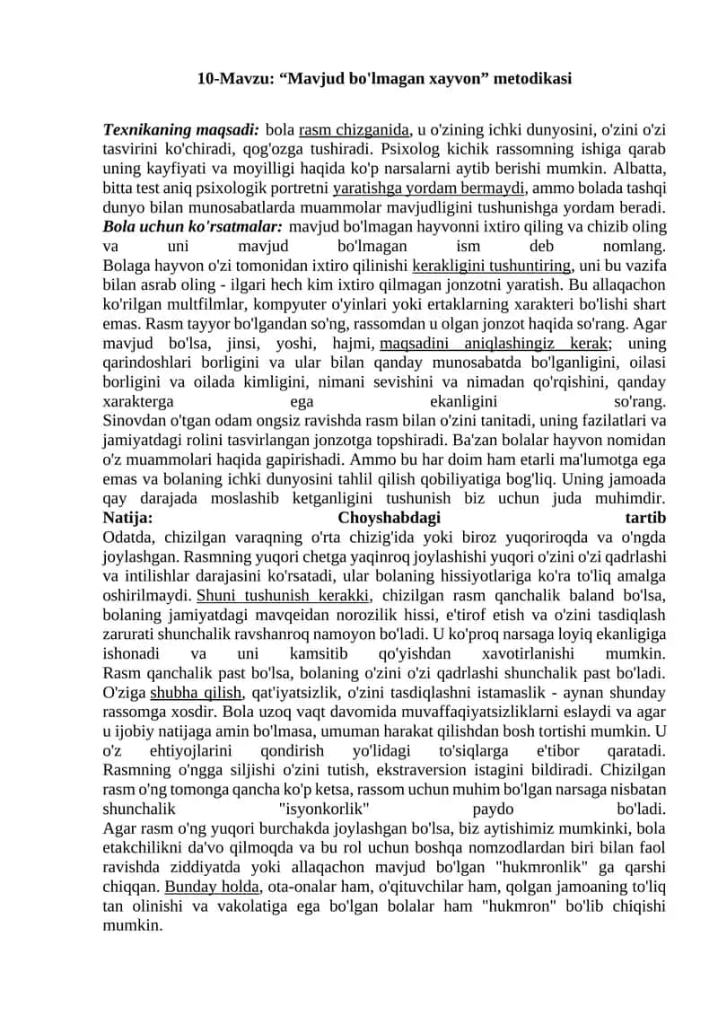 10-Mavzu: “Mavjud bo'lmagan xayvon” metodikasi
