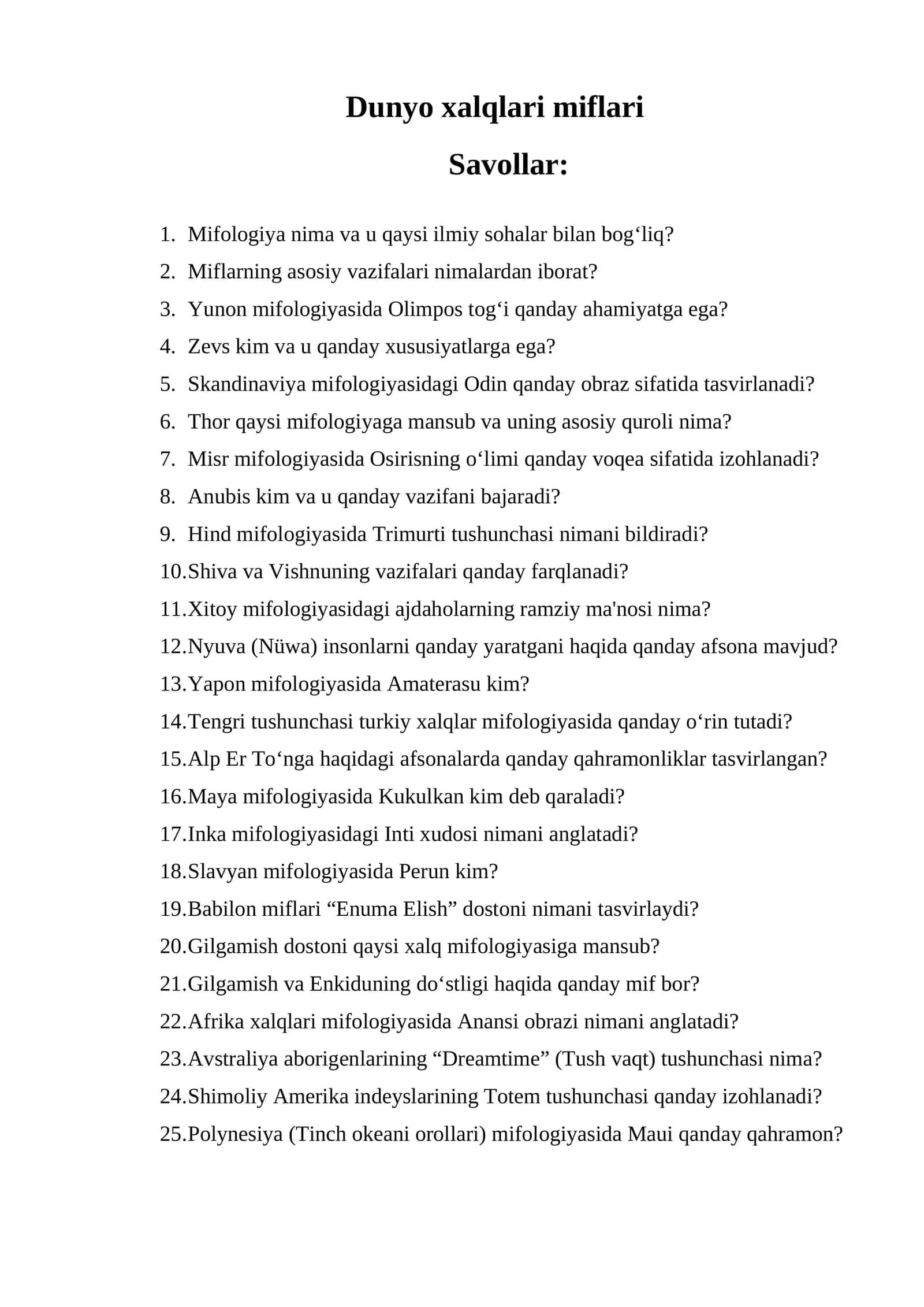 Dunyo xalqlari miflari savollar.
