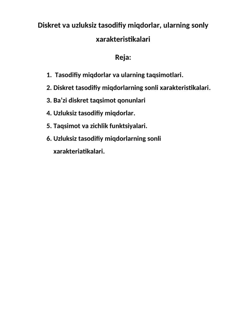 Diskret va uzluksiz tasodifiy miqdorlar