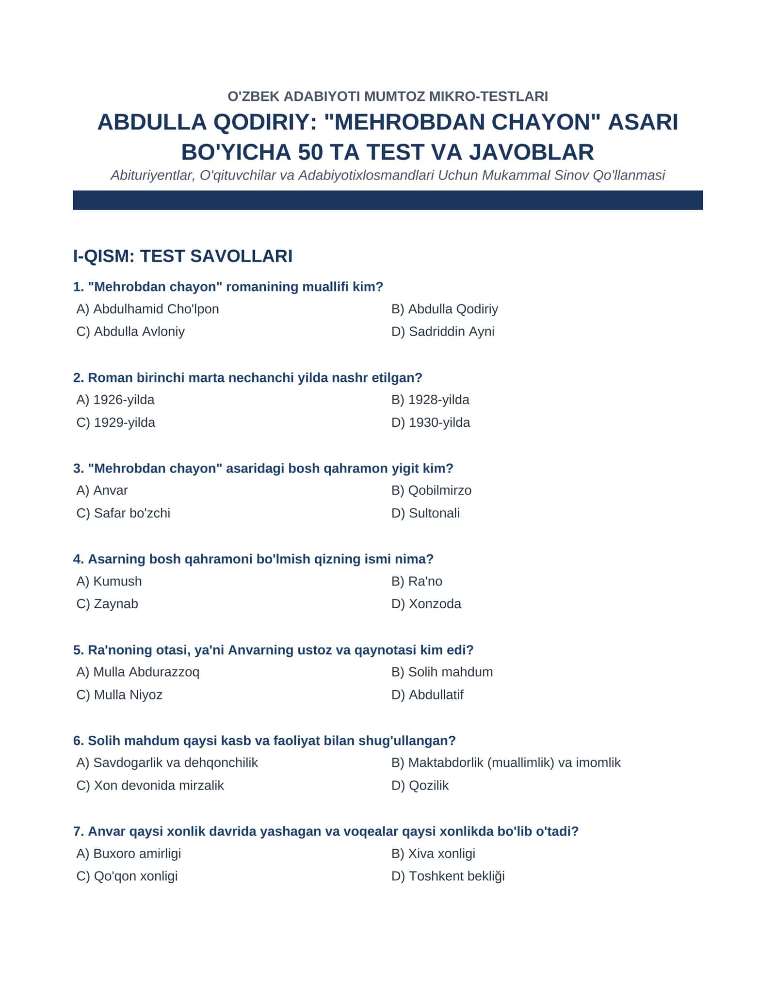 Abdulla Qodiriyning " Mehrobdan Chayon" asari bo'yicha 50 talik test oxirida javoblar kaliti bilan birga