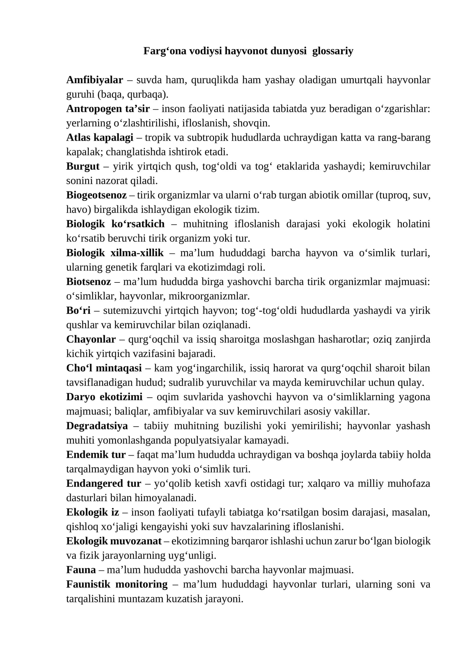 Farg‘ona vodiysi hayvonot dunyosi glossariy