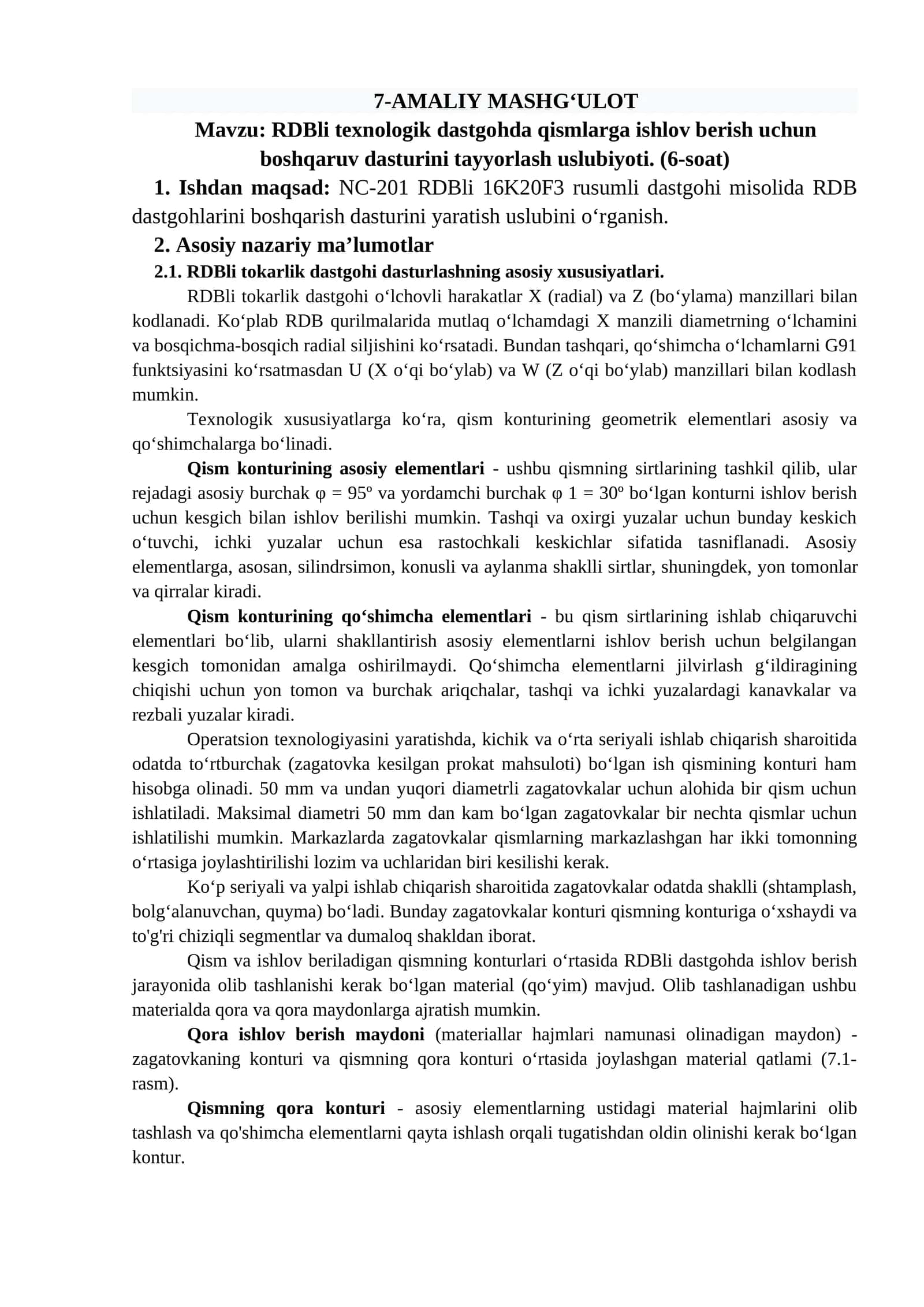 RDBli texnologik dastgohda qismlarga ishlov berish uchun boshqaruv dasturini tayyorlash