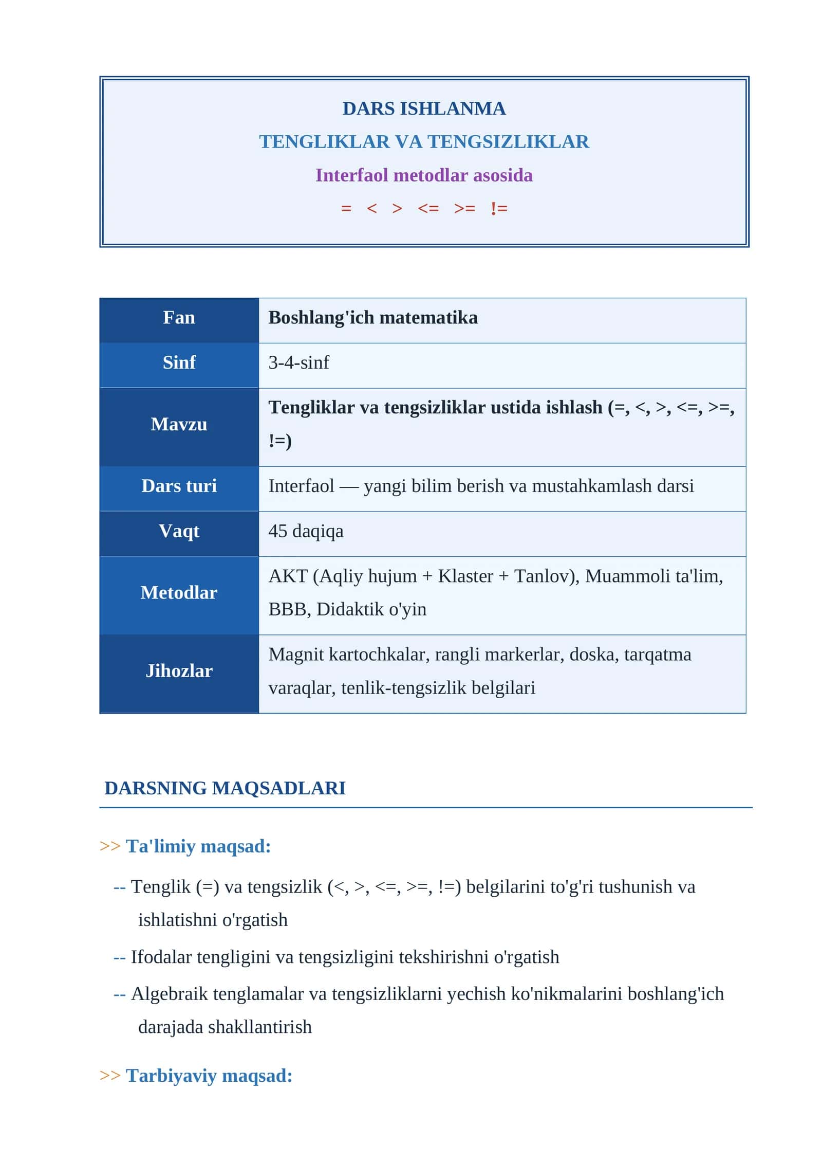 TENGLIKLAR VA TENGSIZLIKLAR dars ishlanma