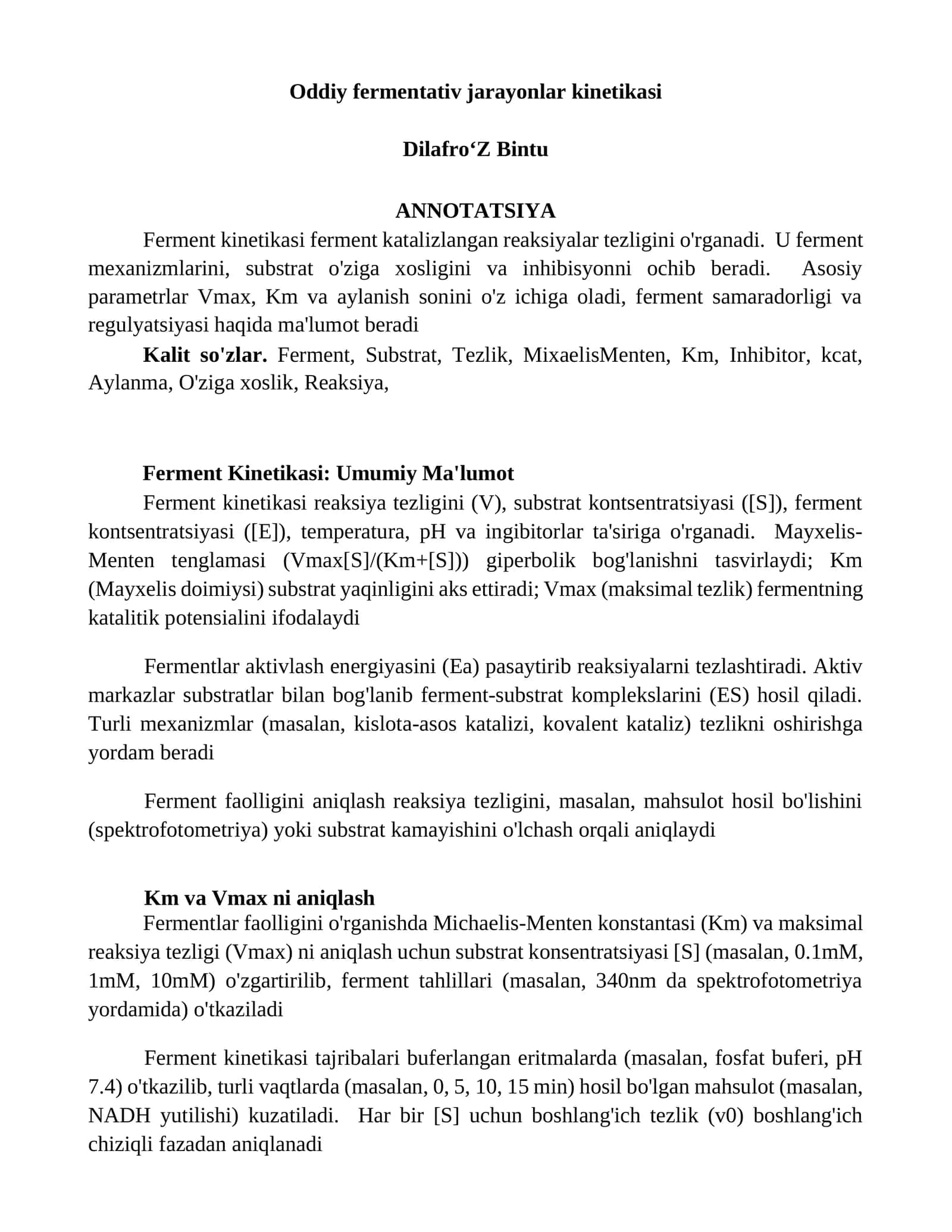 Oddiy fermentativ jarayonlar kinetikasi
