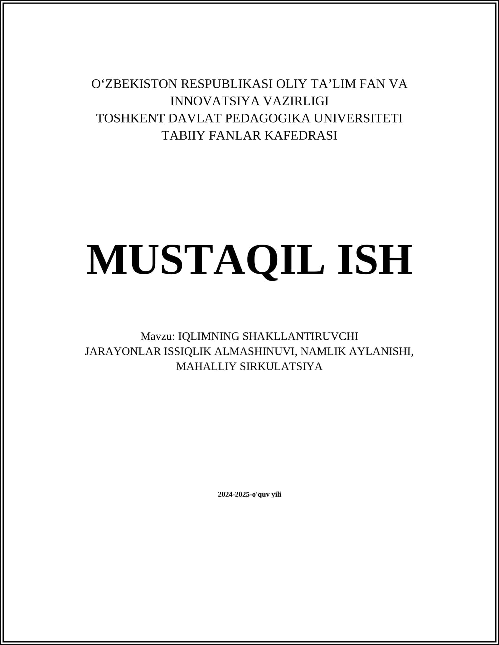 IQLIMNING SHAKLLANTIRUVCHI JARAYONLAR ISSIQLIK ALMASHINUVI