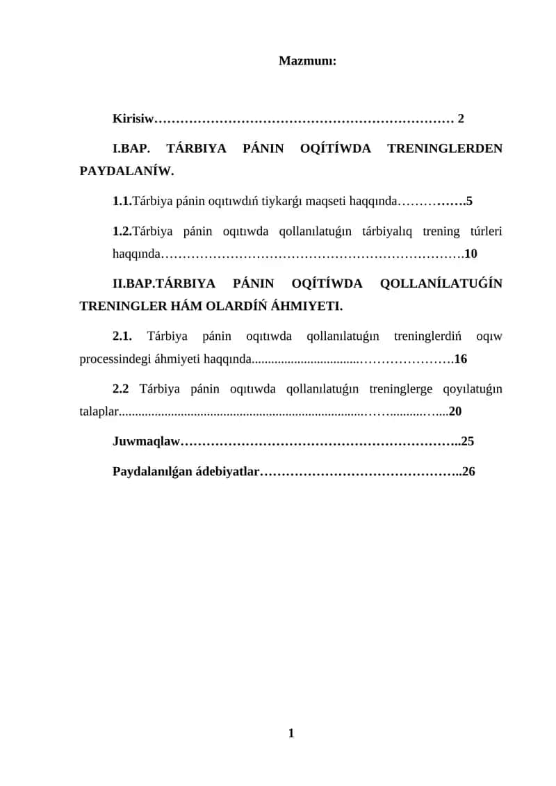 KURS JUMISI TÁRBIYA PÁNIN OQITIWDA TRENINGLERDEN PAYDALANIW