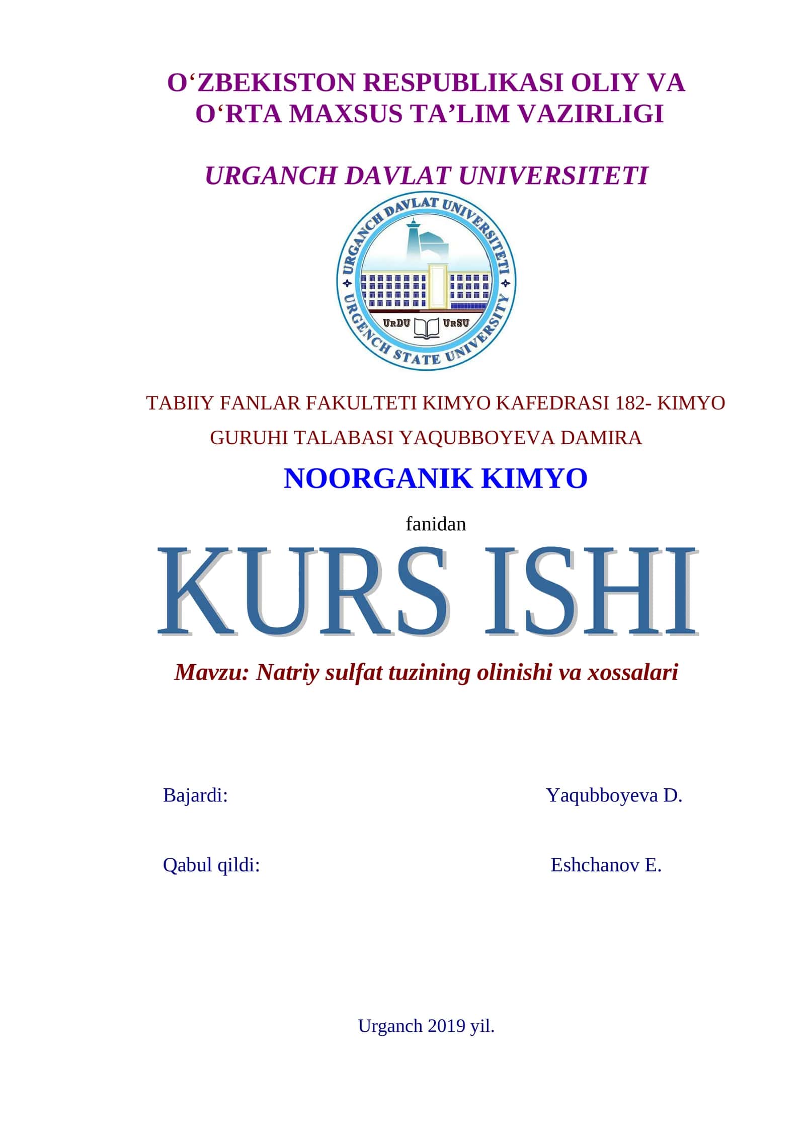 Natriy sulfat tuzining olinishi va xossalari