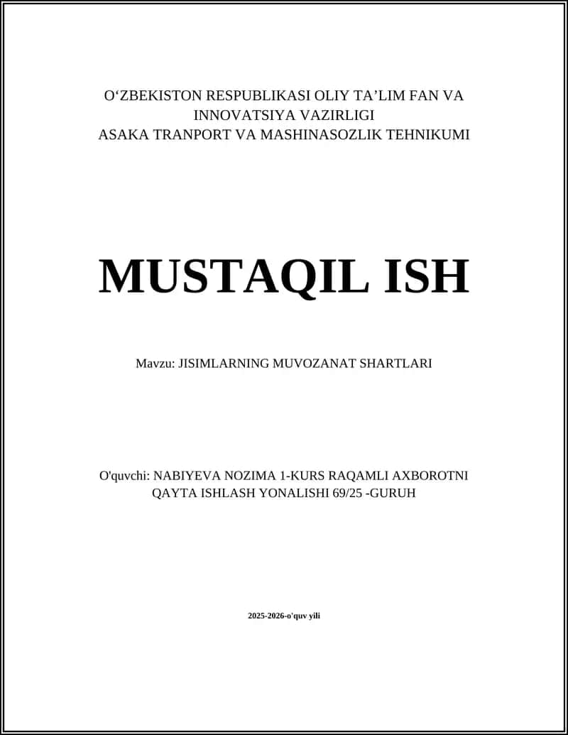JISIMLARNING MUVOZANAT SHARTLARI