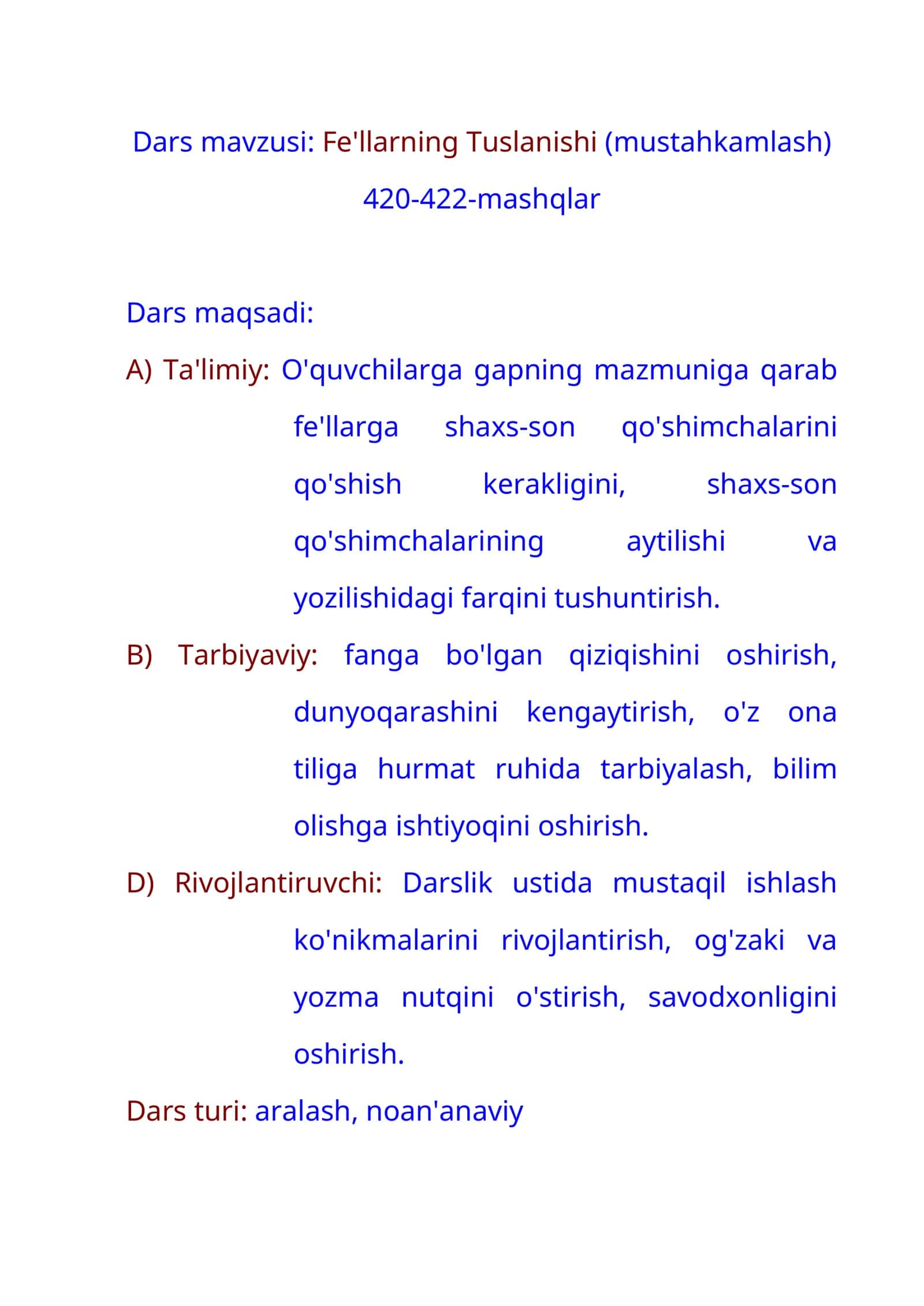 4-sinf Ona tili fanidan dars ishlanma. Fe'llarning tuslanishi