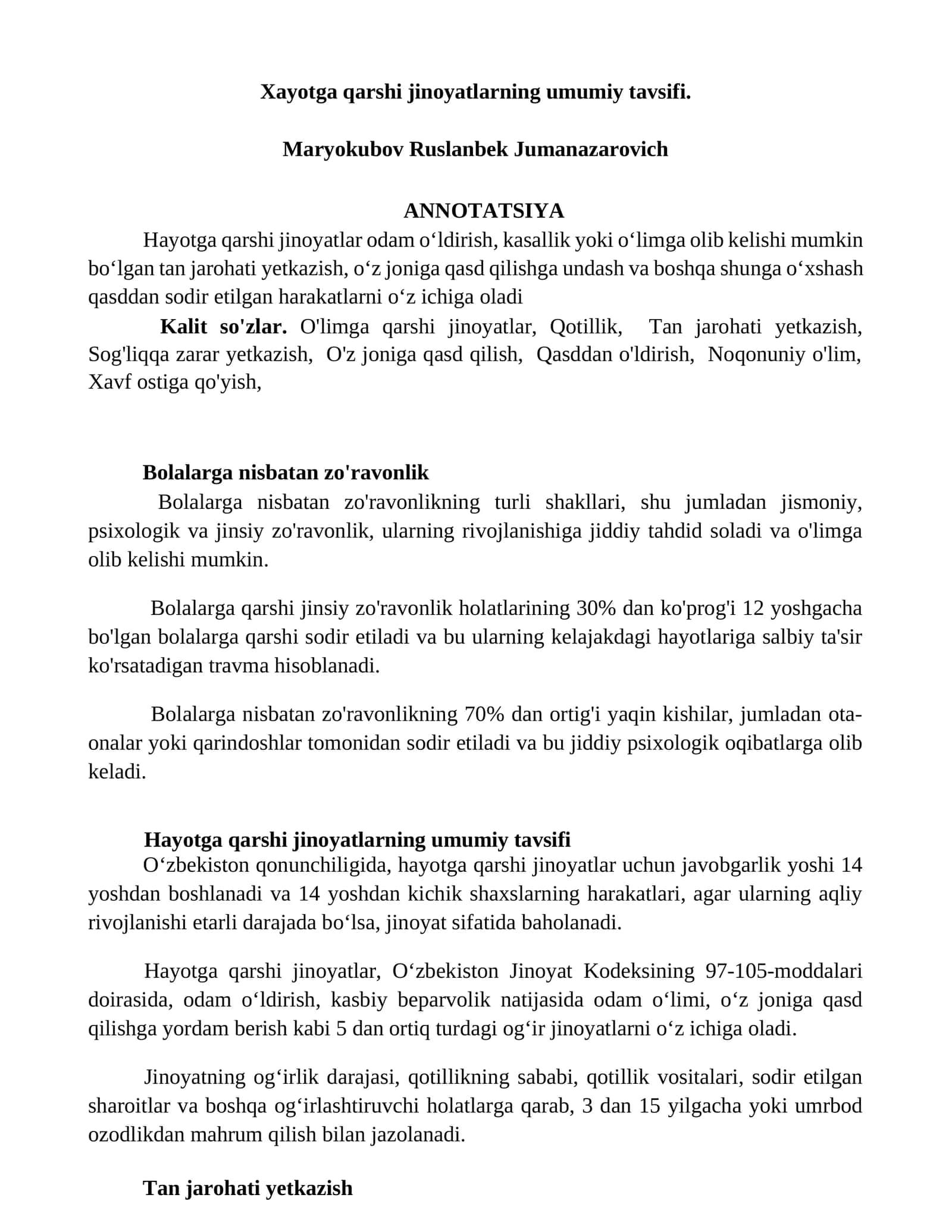 Xayotga qarshi jinoyatlarning umumiy tavsifi
