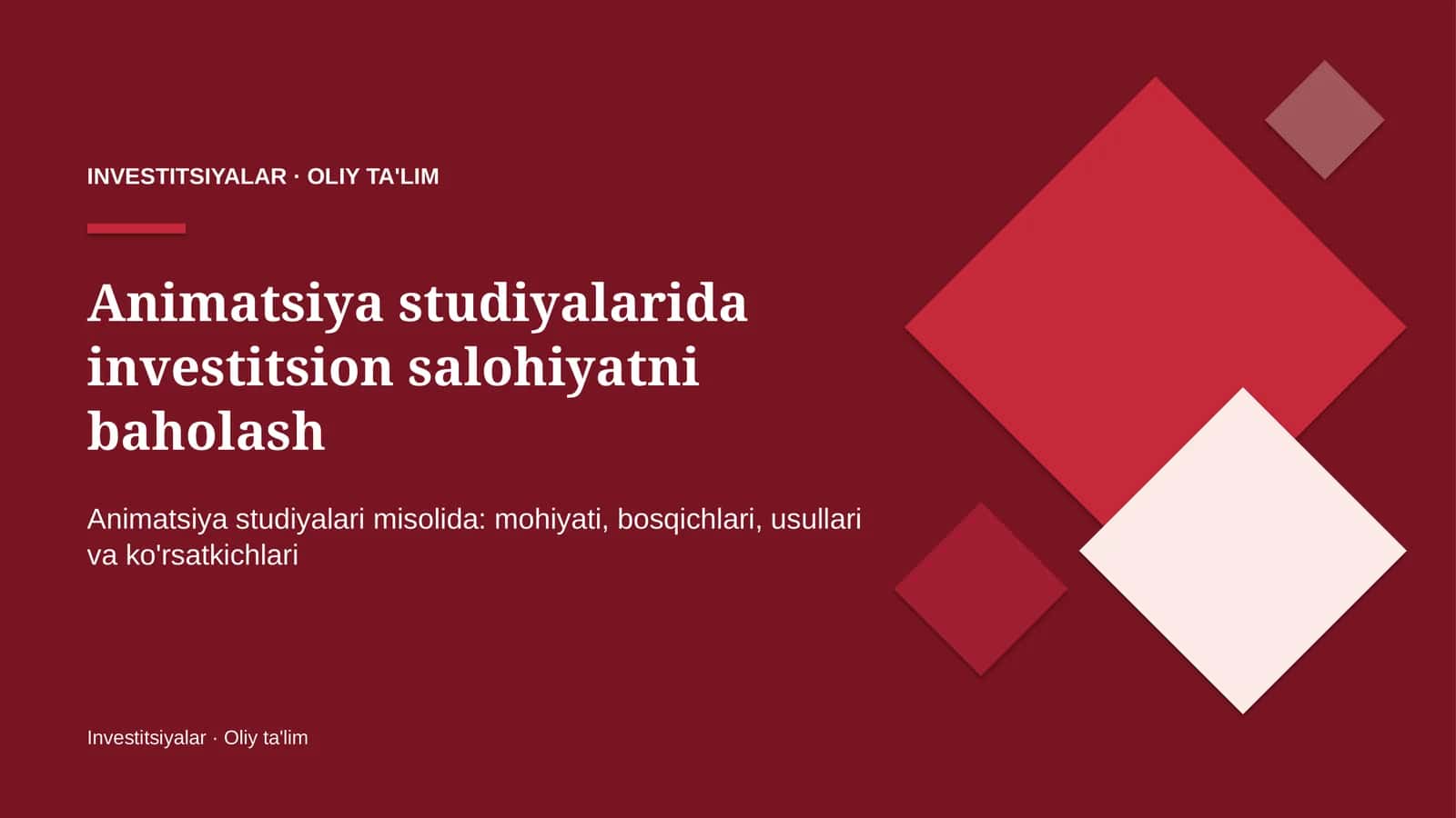 Animatsiya studiyalarida investitsion salohiyatni baholash
