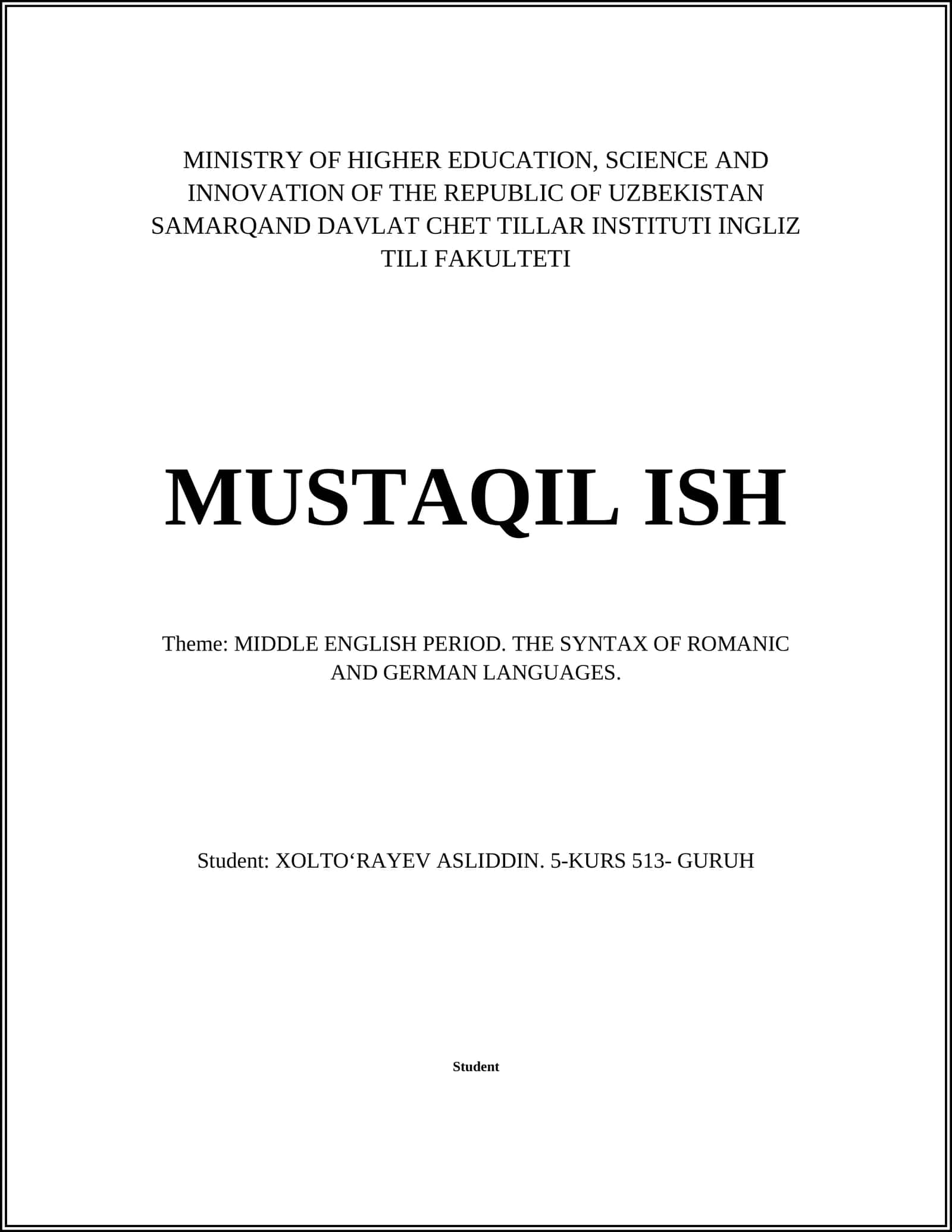 MIDDLE ENGLISH PERIOD. THE SYNTAX OF ROMANIC AND GERMAN LANGUAGES