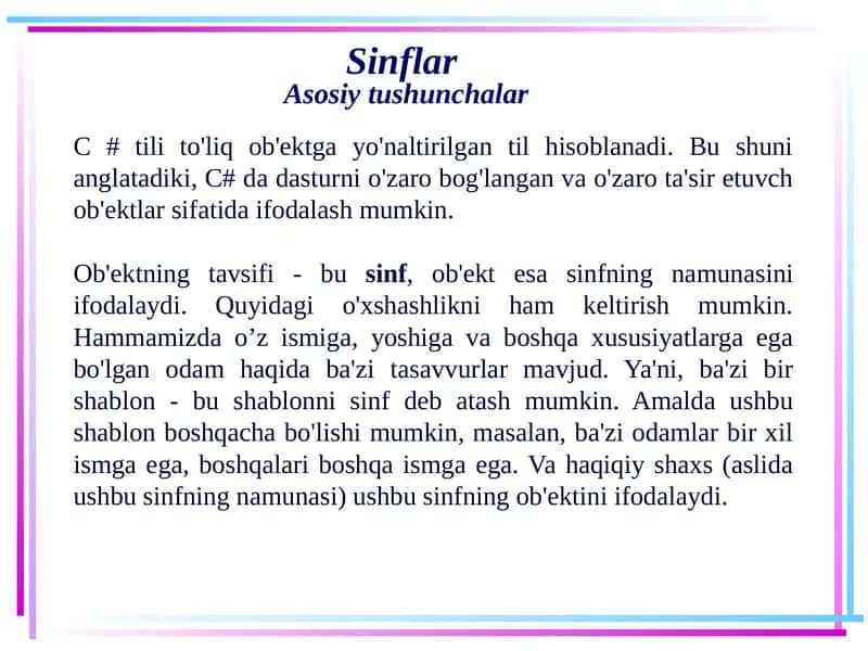 Sinflar Asosiy Tushunchalar
