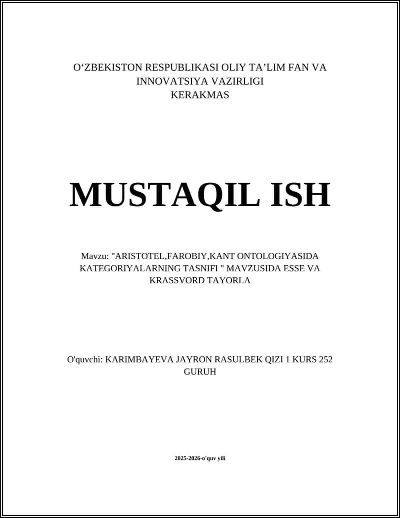 ARISTOTEL,FAROBIY,KANT ONTOLOGIYASIDA KATEGORIYALARNING TASNIFI