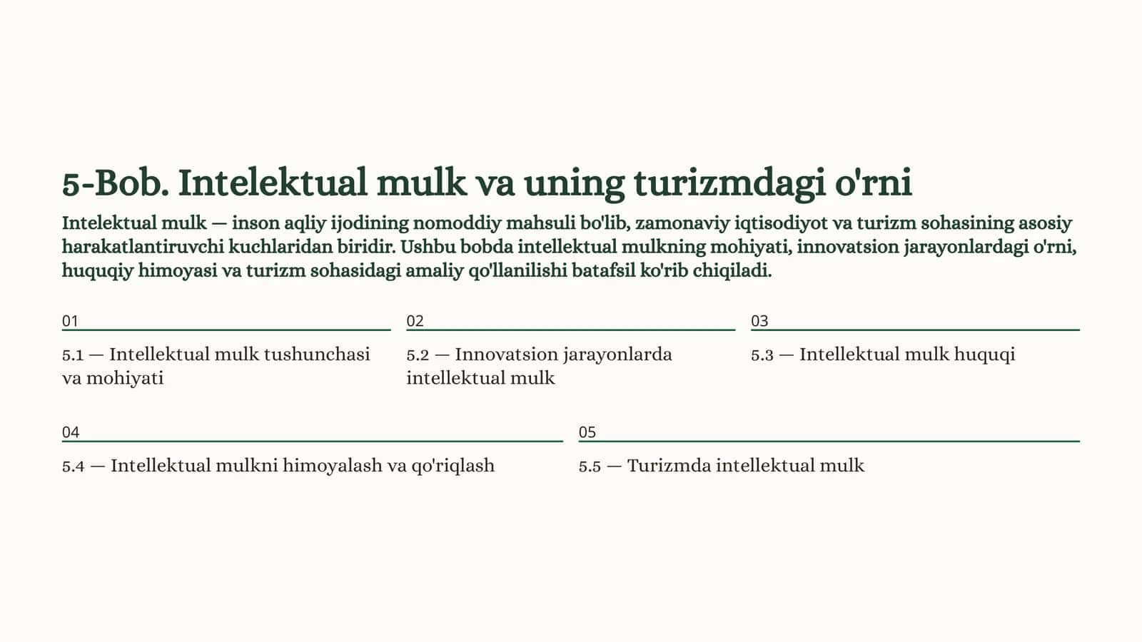 5-Bob. Intelektual mulk va uning turizmdagi o'rni