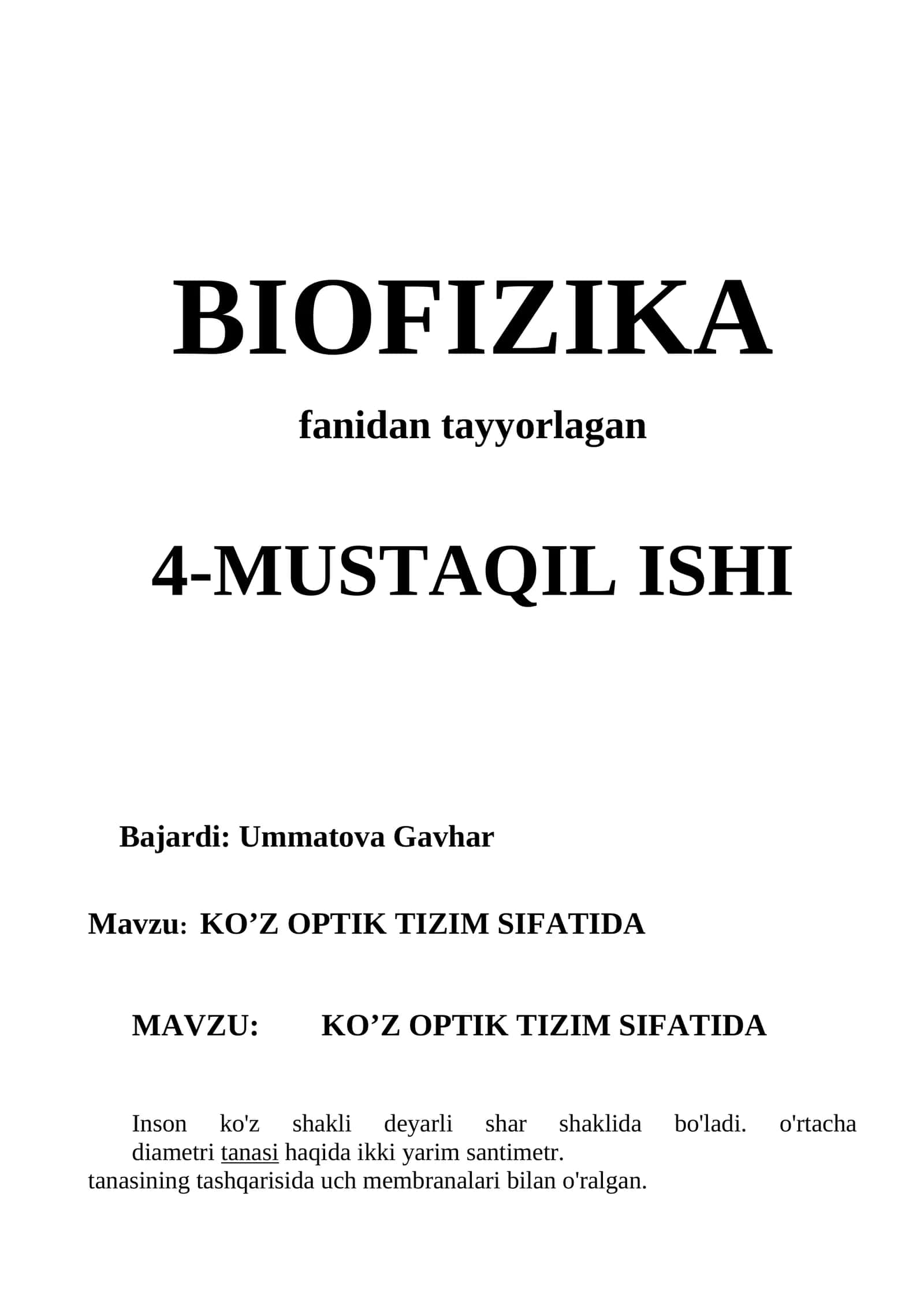 KO’Z OPTIK TIZIM SIFATIDA