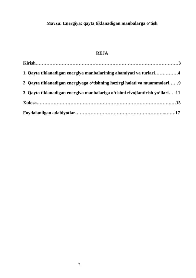 Energiya: qayta tiklanadigan manbalarga o’tish