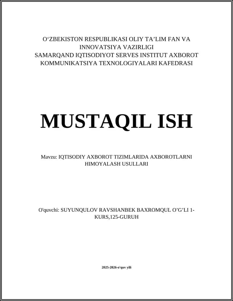 IQTISODIY AXBOROT TIZIMLARIDA AXBOROTLARNI HIMOYALASH USULLARI