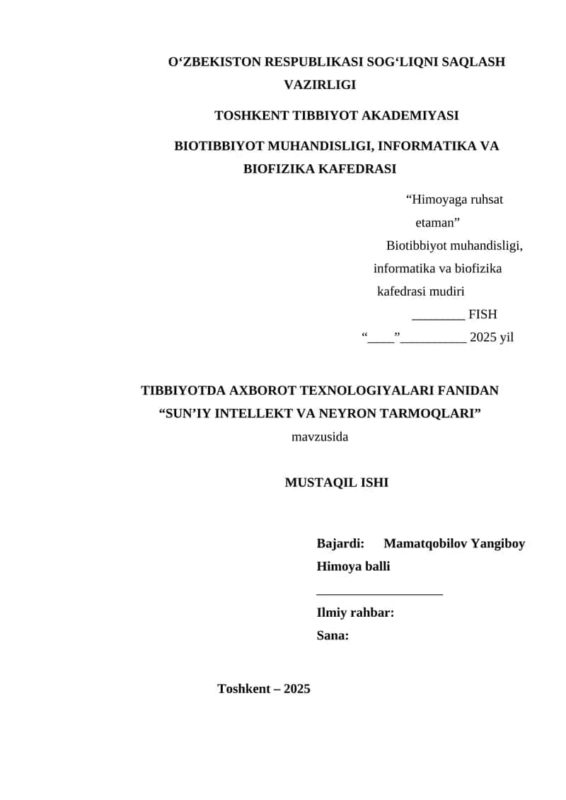Sun’iy intlekt va neytrontarmoqlari. Dedlayn No/5
