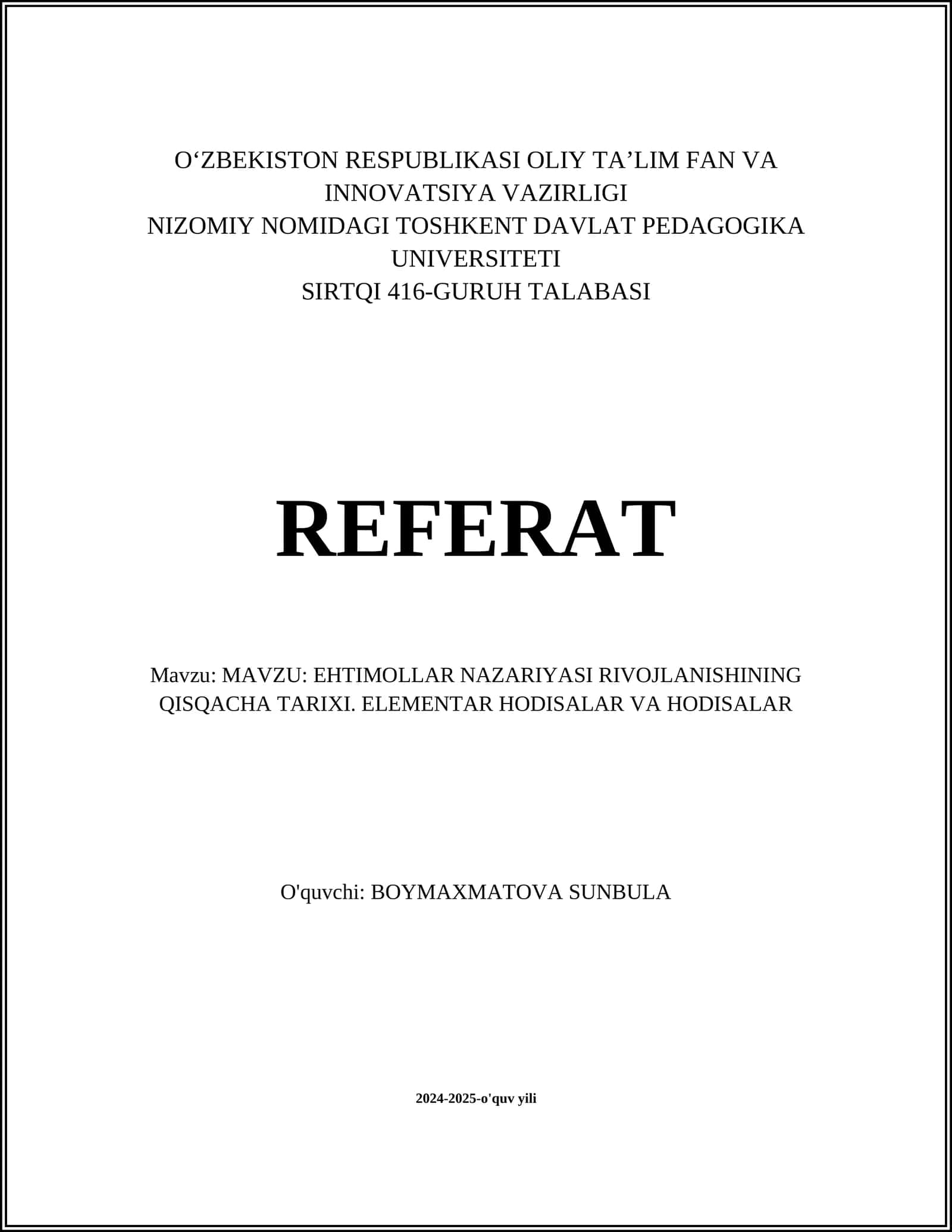 Ehtimollar nazariyasi rivojlanishi