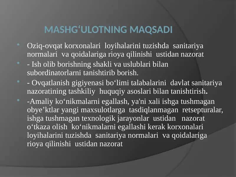 ovqat korxonalari loyihalarini tuzishda sanitariya qoidalari