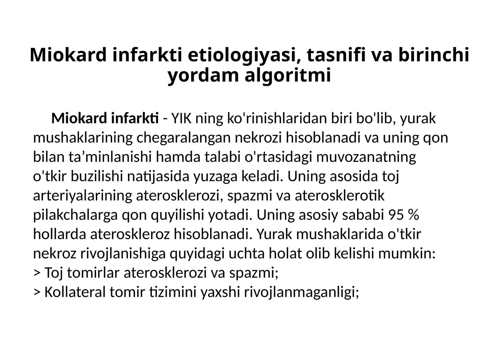 Miokard infarkti etiologiyasi, tasnifi va birinchi yordam algoritmi
