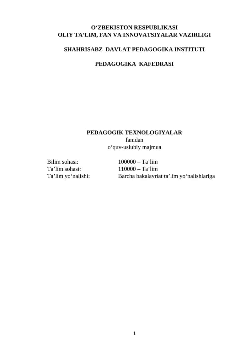 PEDAGOGIK TEXNOLOGIYALAR fanidan o‘quv-uslubiy majmua