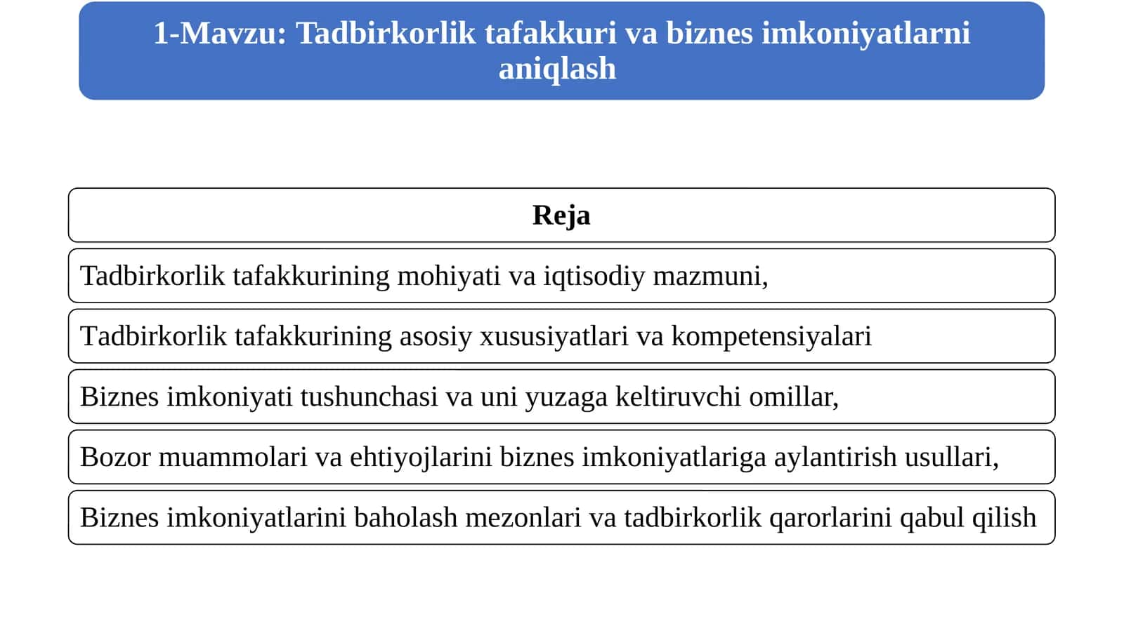 1-Mavzu. Tadbirkorlik tafakkuri va biznes imkoniyatlarni aniqlash