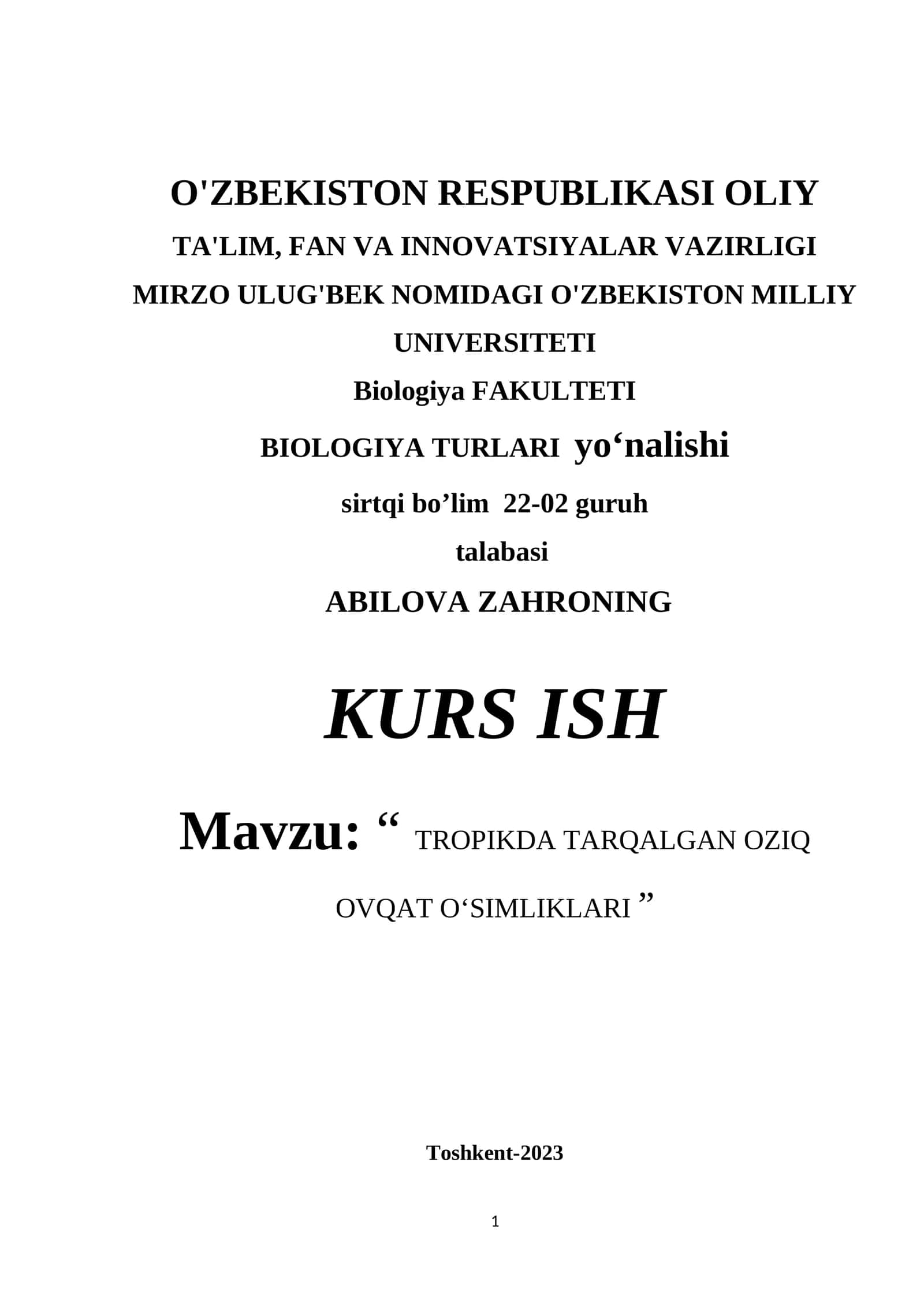 TROPIKDA TARQALGAN OZIQ OVQAT OʻSIMLIKLARI