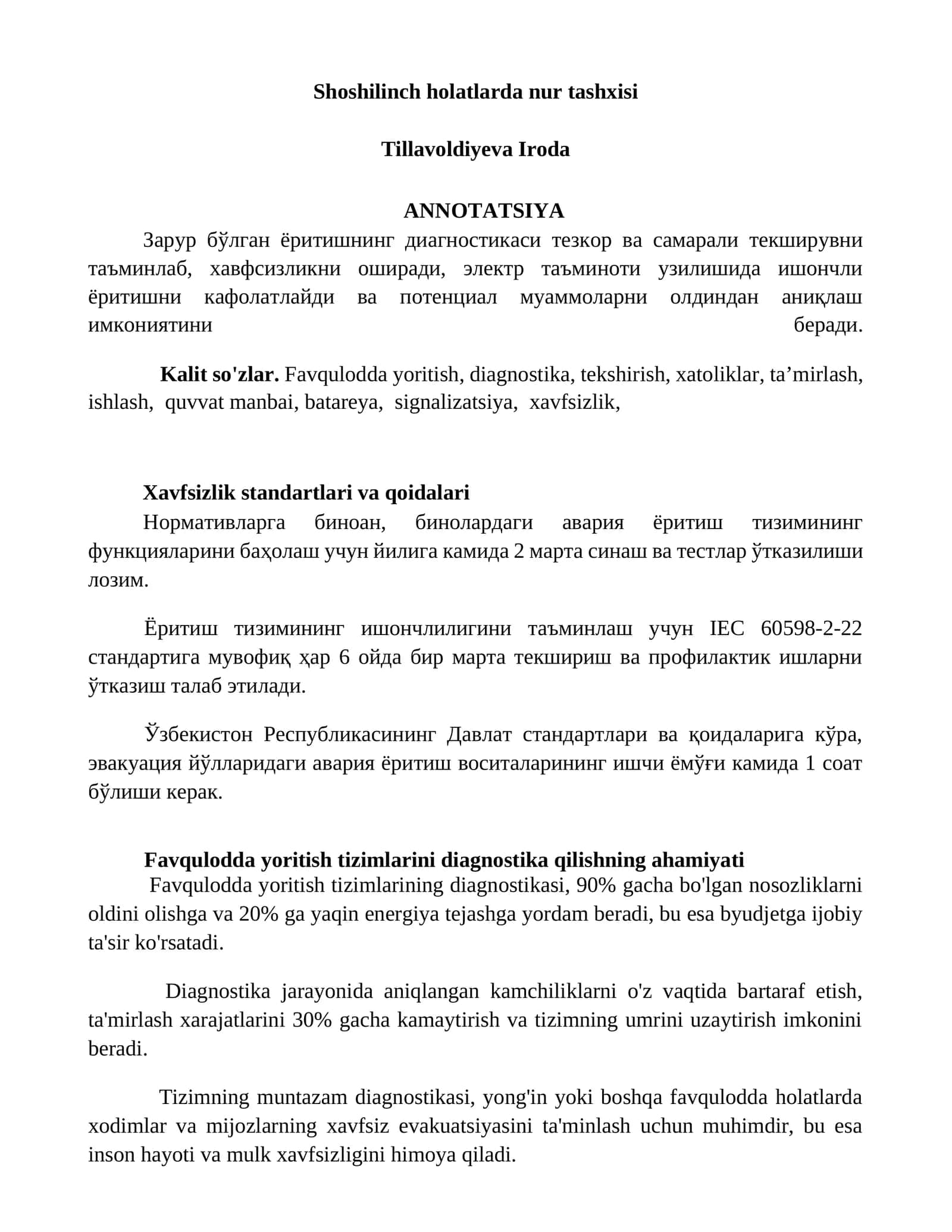 Favqulodda yoritish tizimlari diagnostikasi