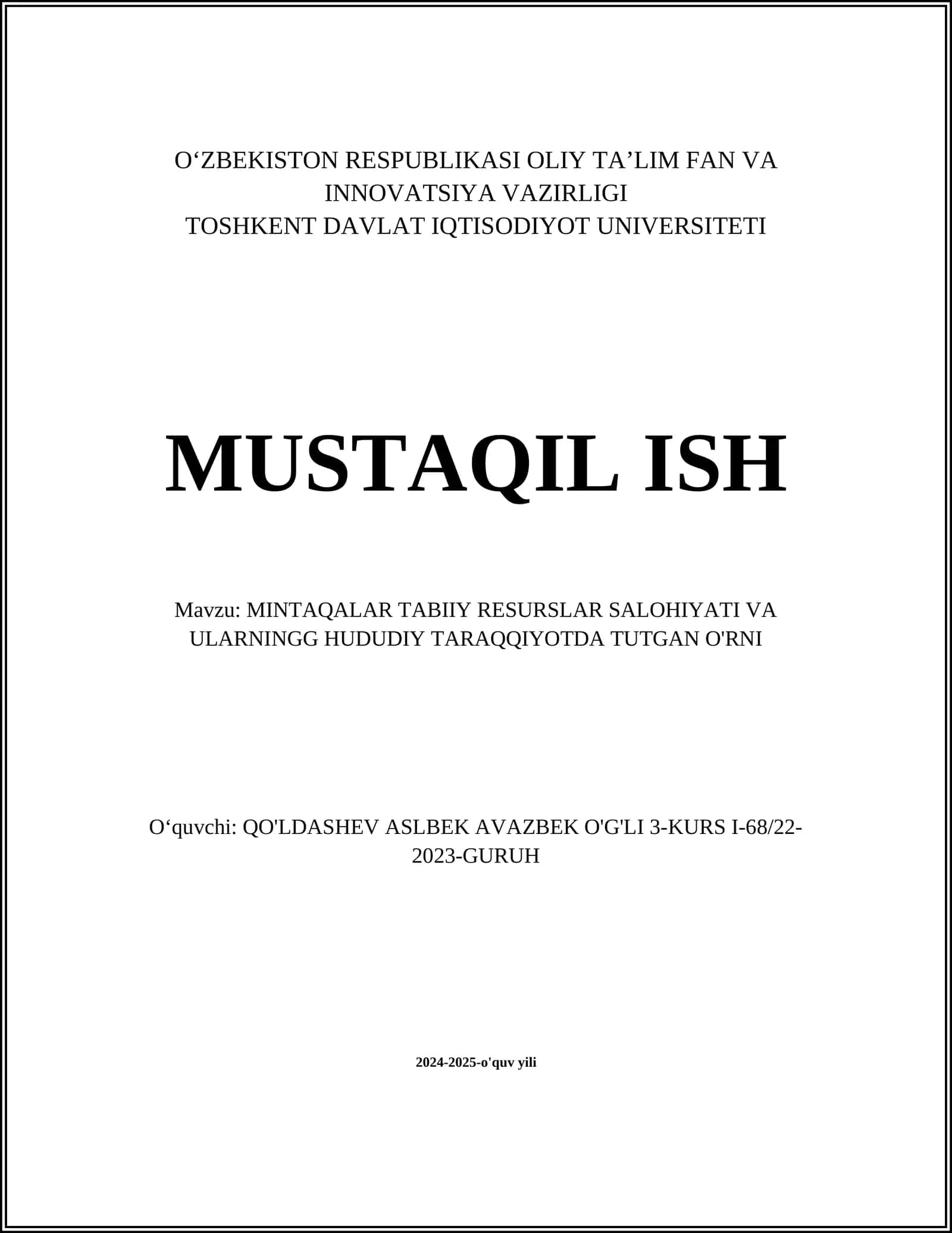 Tabiiy resurslarning turlari va ularning ta'rifi