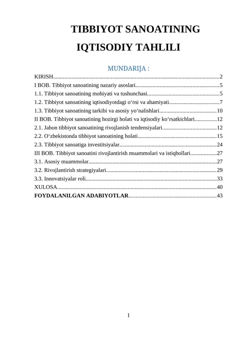 TIBBIYOT SANOATINING IQTISODIY TAHLILI