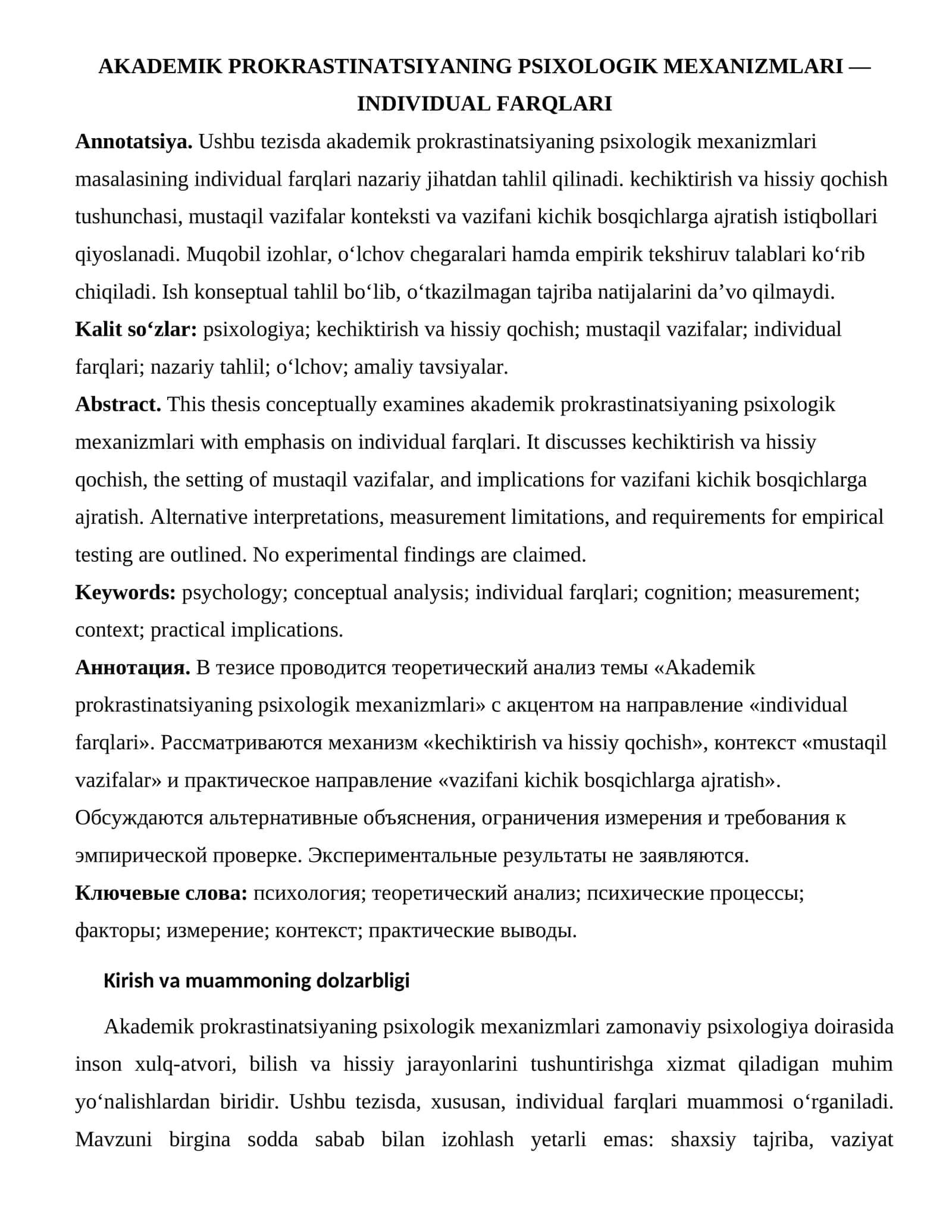 AKADEMIK PROKRASTINATSIYANING PSIXOLOGIK MEXANIZMLARI — INDIVIDUAL FARQLARI