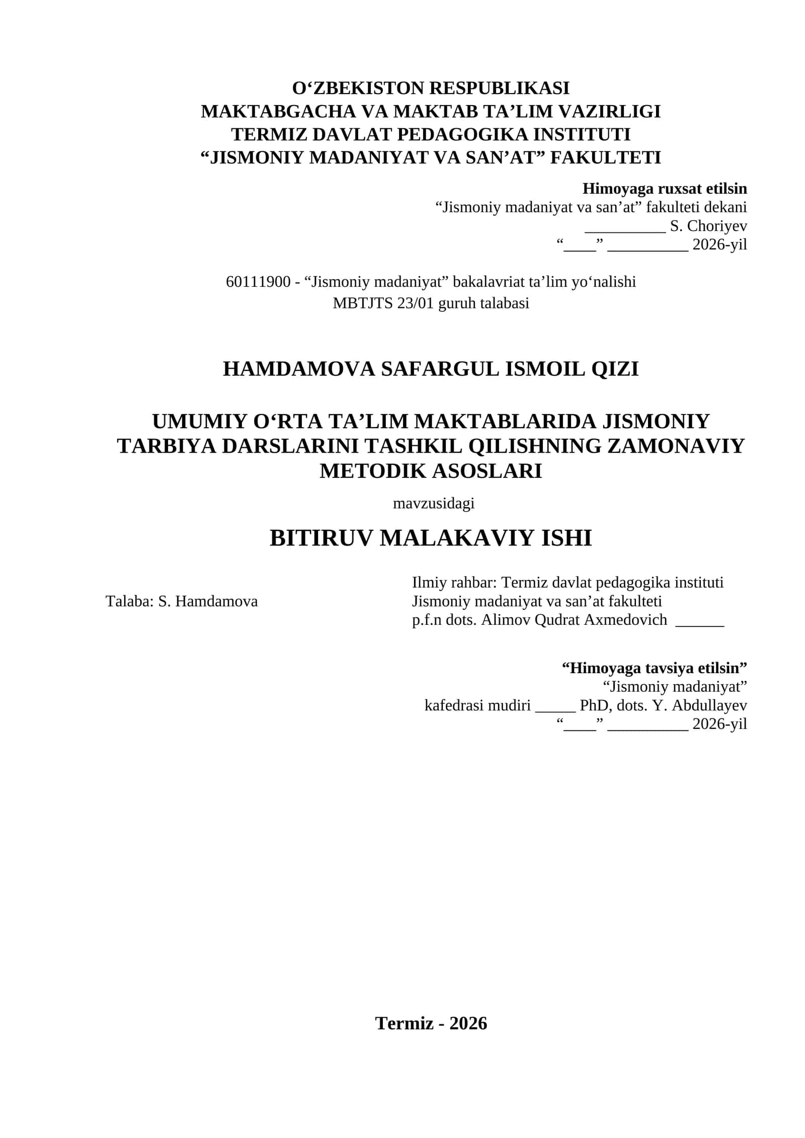 UMUMIY O‘RTA TA’LIM MAKTABLARIDA JISMONIY TARBIYA DARSLARINI TASHKIL QILISHNING ZAMONAVIY METODIK ASOSLARI