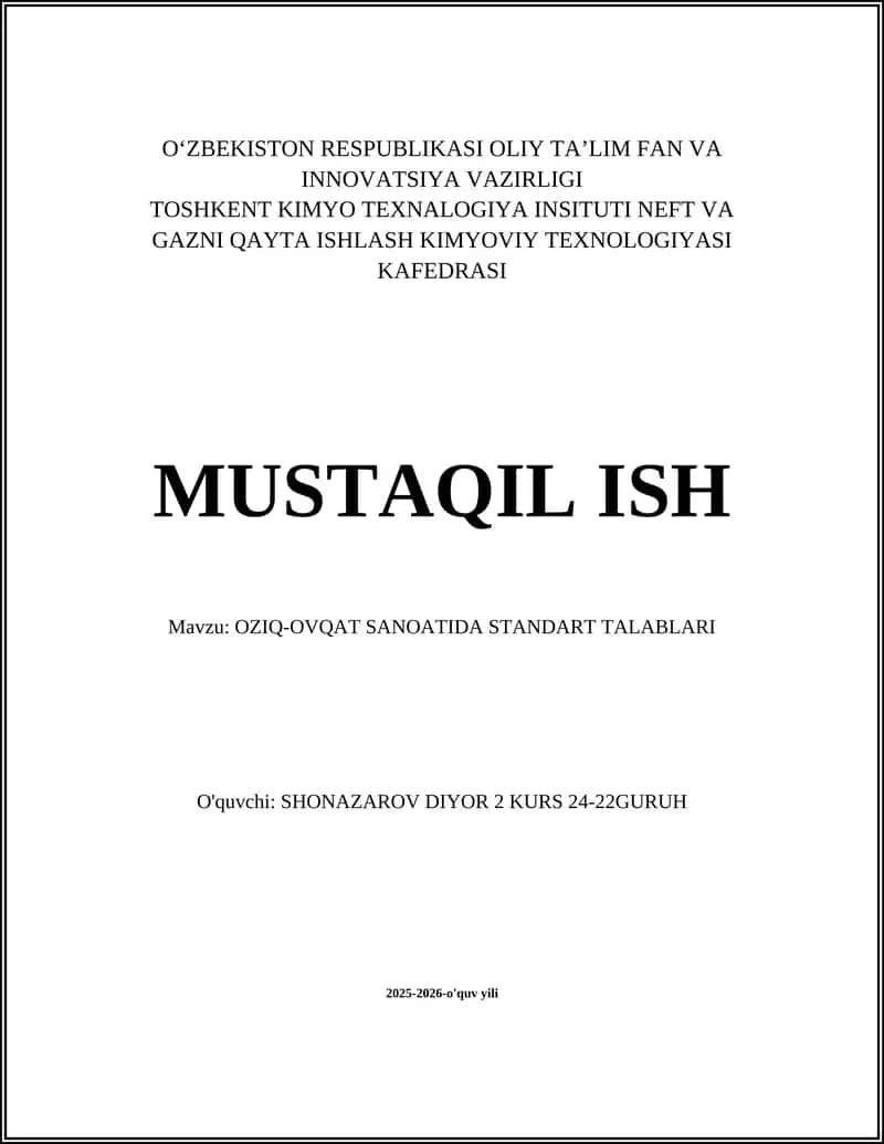 Oziq-ovqat sanoatida standart talablari