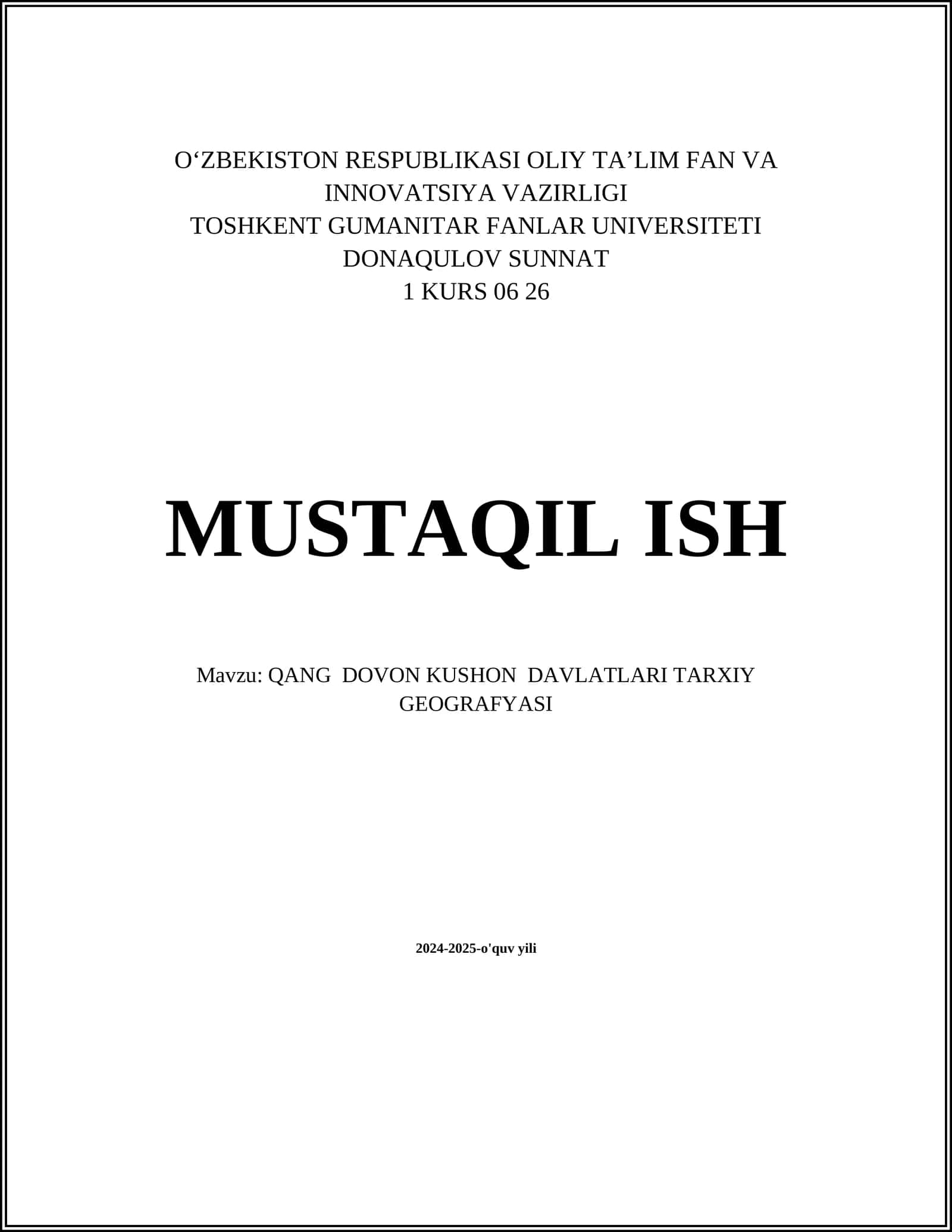 QANG DOVON KUSHON DAVLATLARI TARXIY GEOGRAFYASI