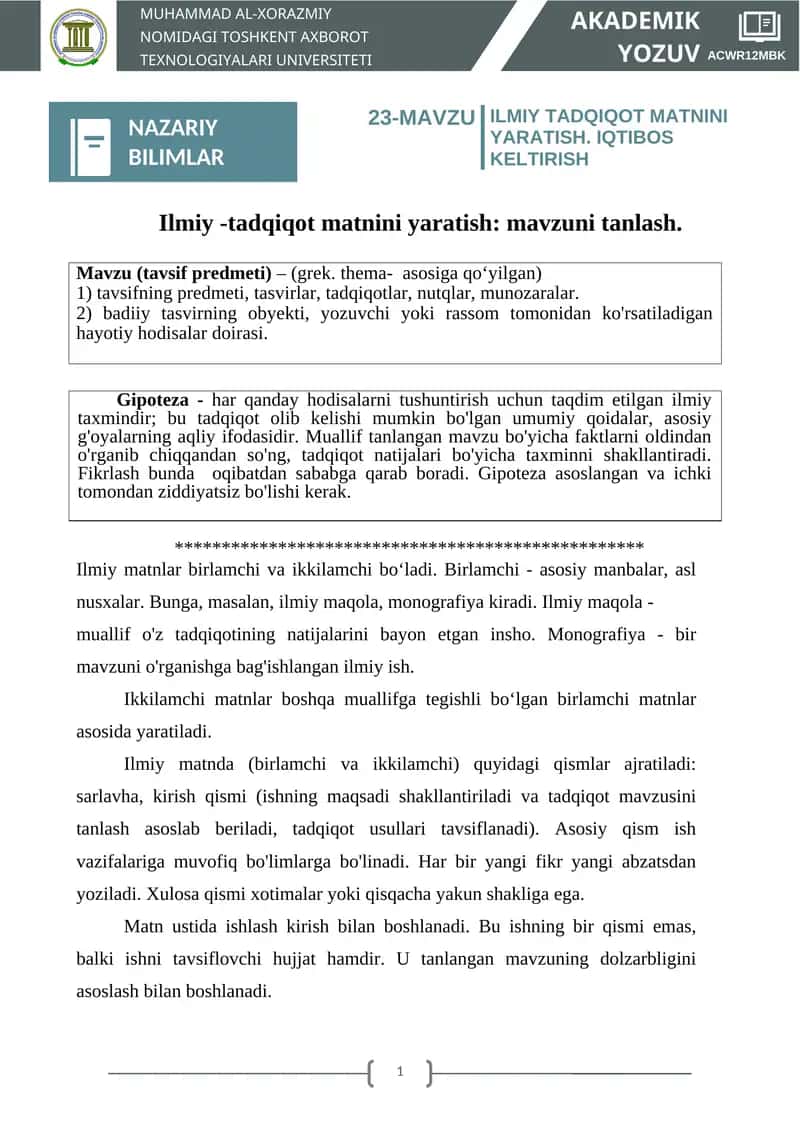 MAVZU ILMIY TADQIQOT MATNINI YARATISH. IQTIBOS KELTIRISH NAZARIY BILIMLAR
