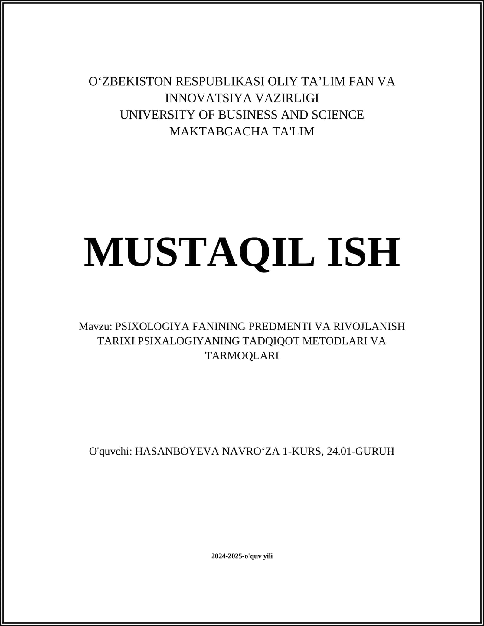 PSIXOLOGIYA FANINING PREDMENTI VA RIVOJLANISH TARIXI PSIXALOGIYANING TADQIQOT METODLARI VA TARMOQLARI