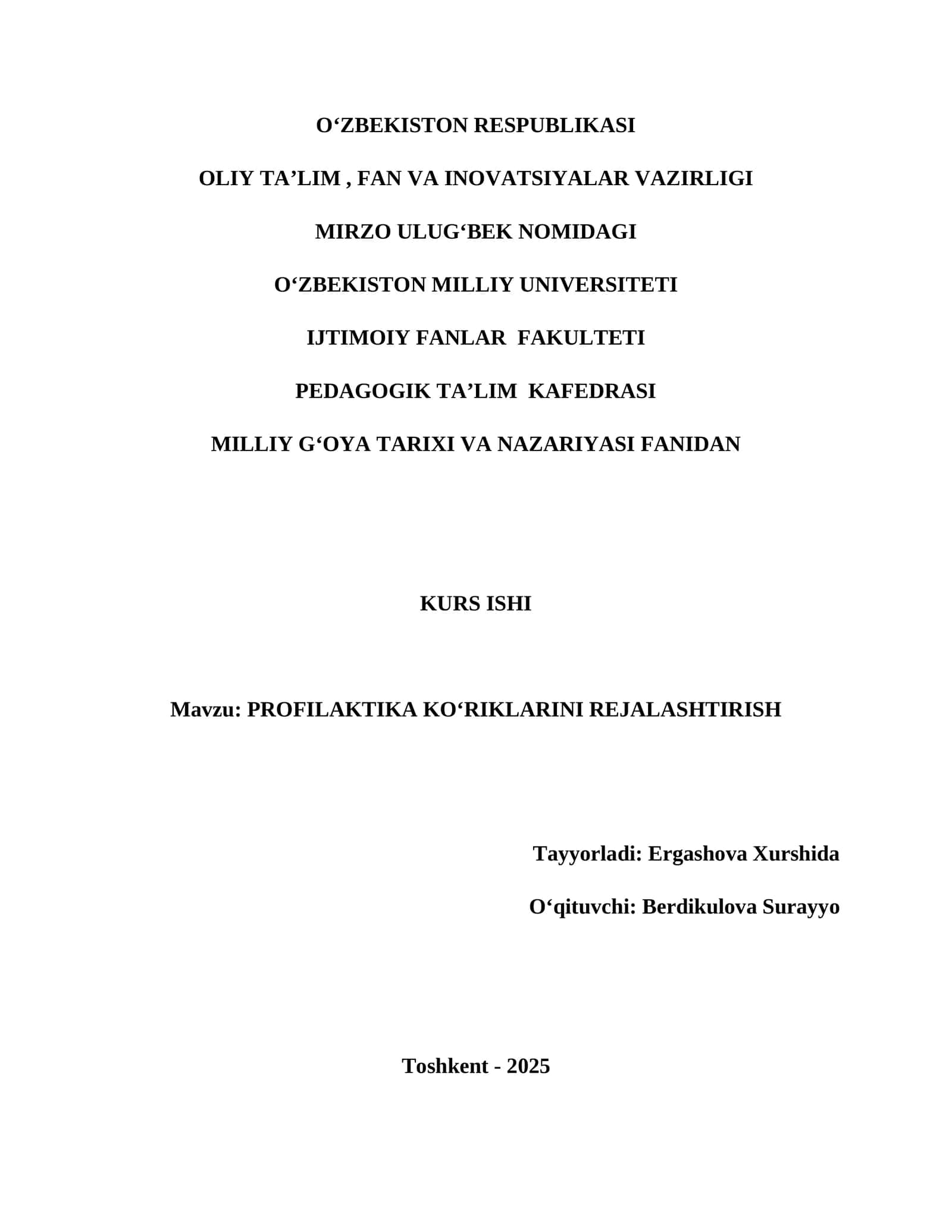 PROFILAKTIKA KOʻRIKLARINI REJALASHTIRISH