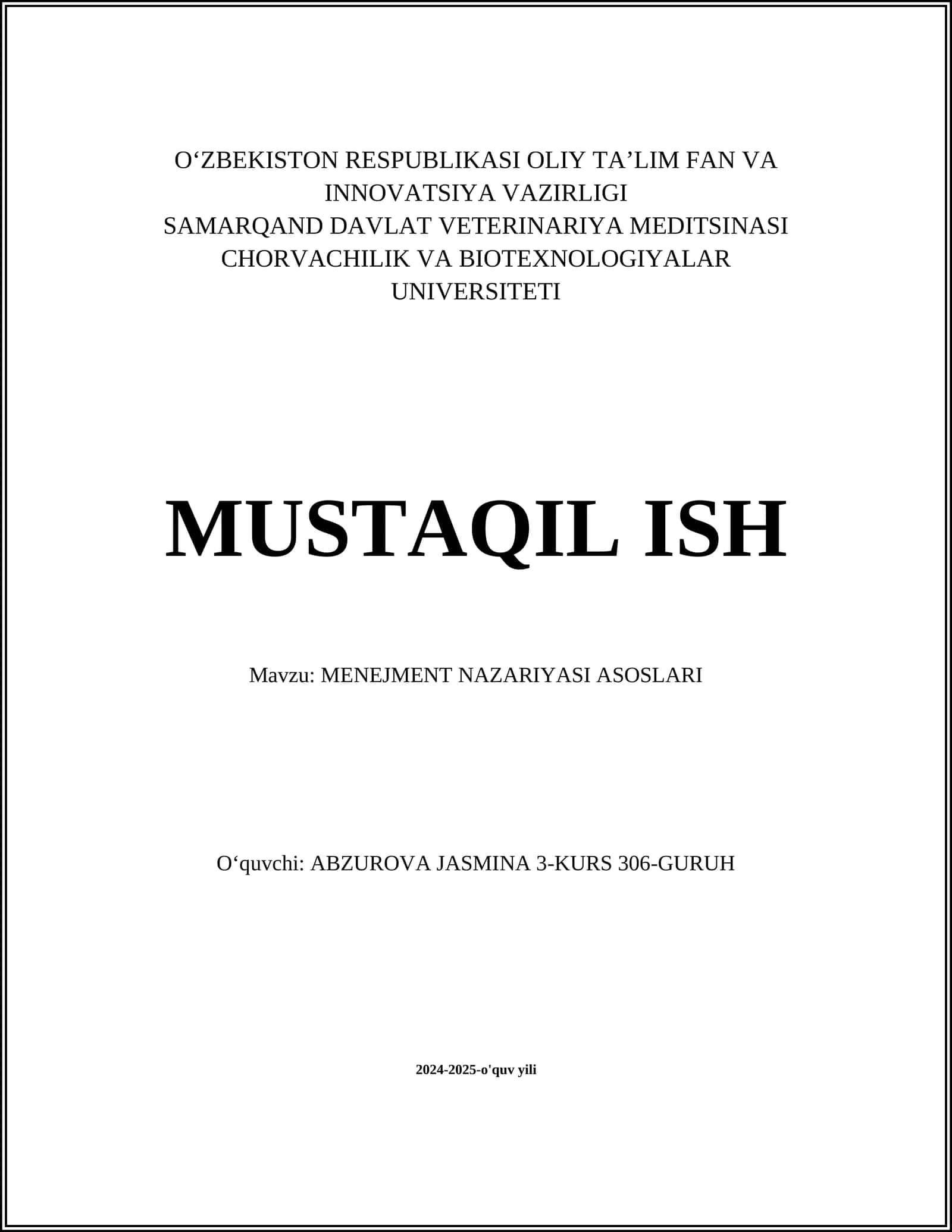 MENEJMENT NAZARIYASI ASOSLARI