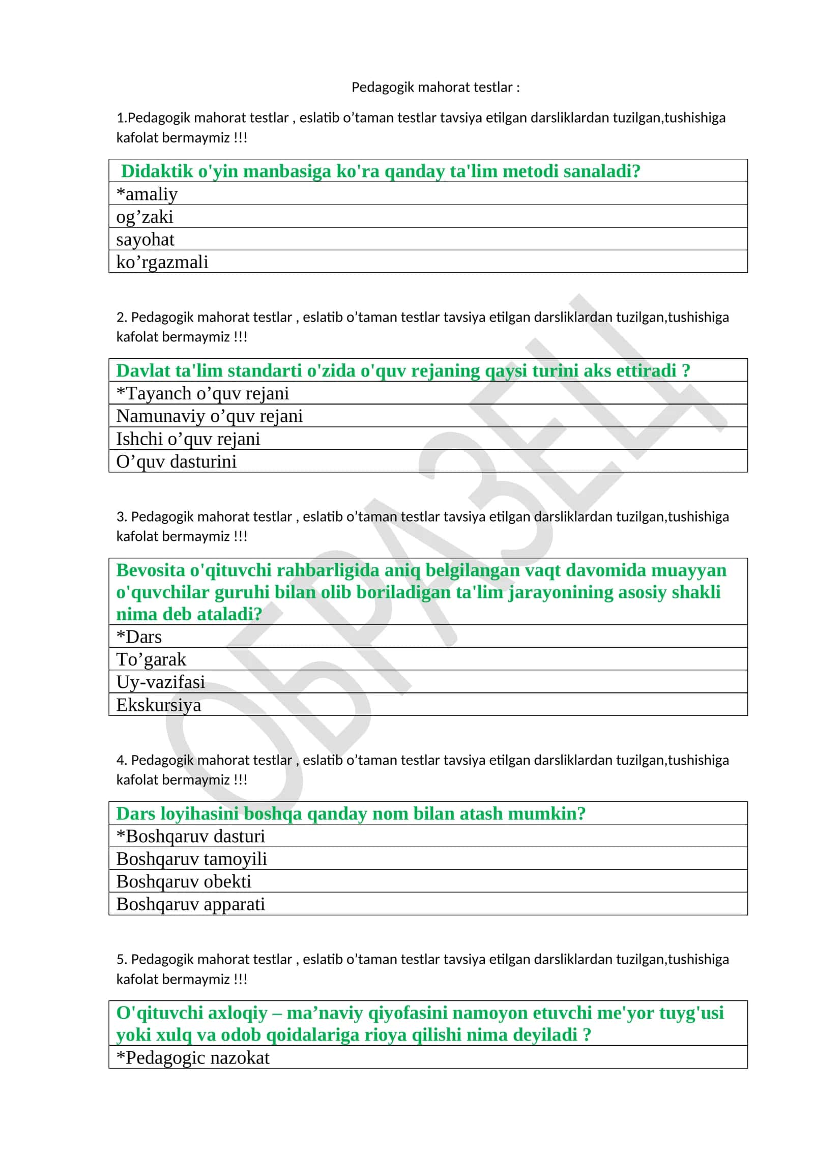 Pedagogik mahorat testlar