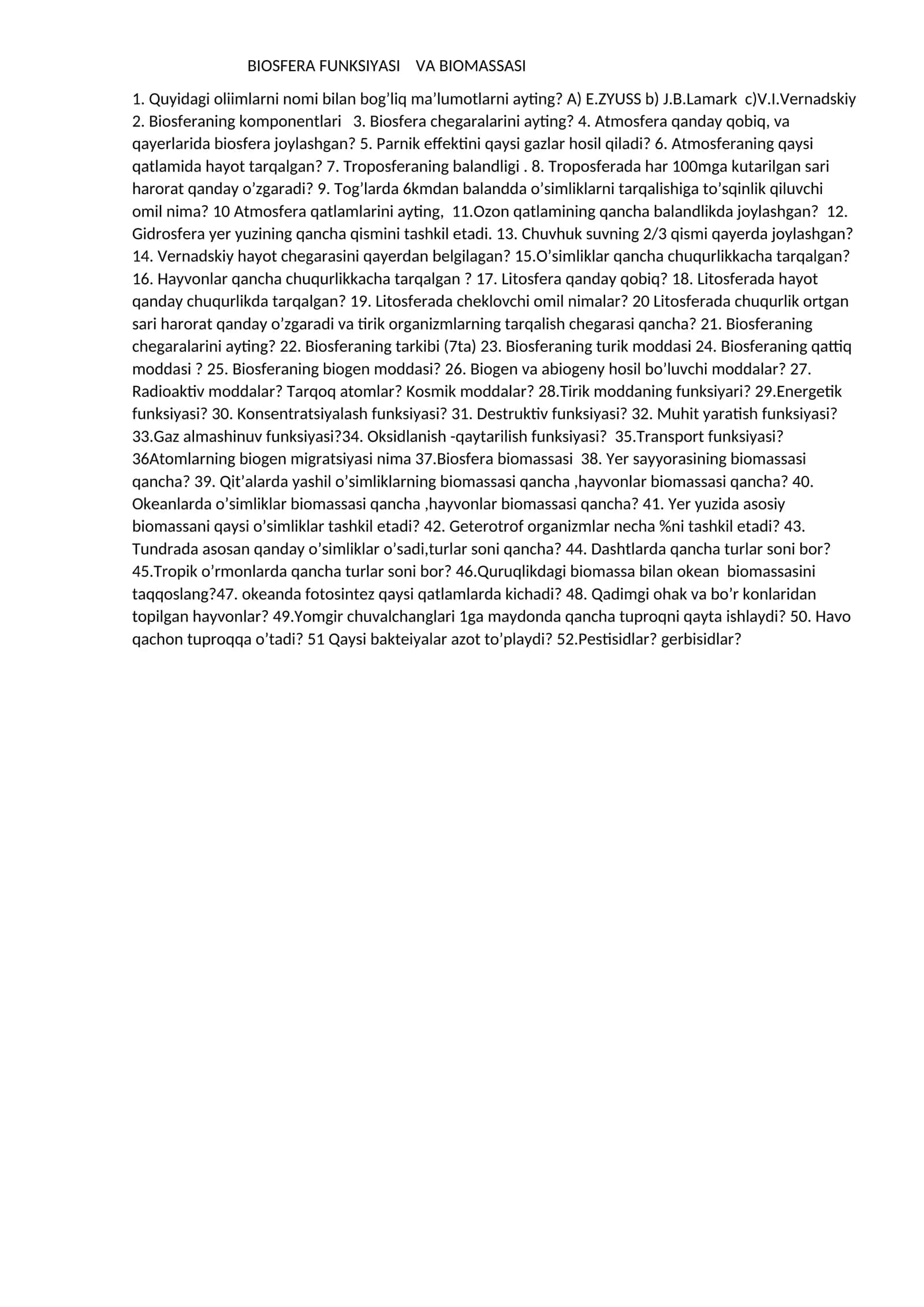 BIOSFERA FUNKSIYASI VA BIOMASSASI