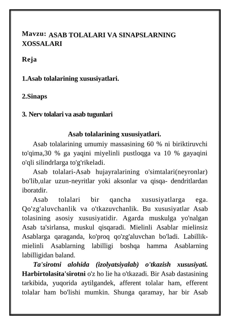 ASAB TOLALARI VA SINAPSLARNING XOSSALARI