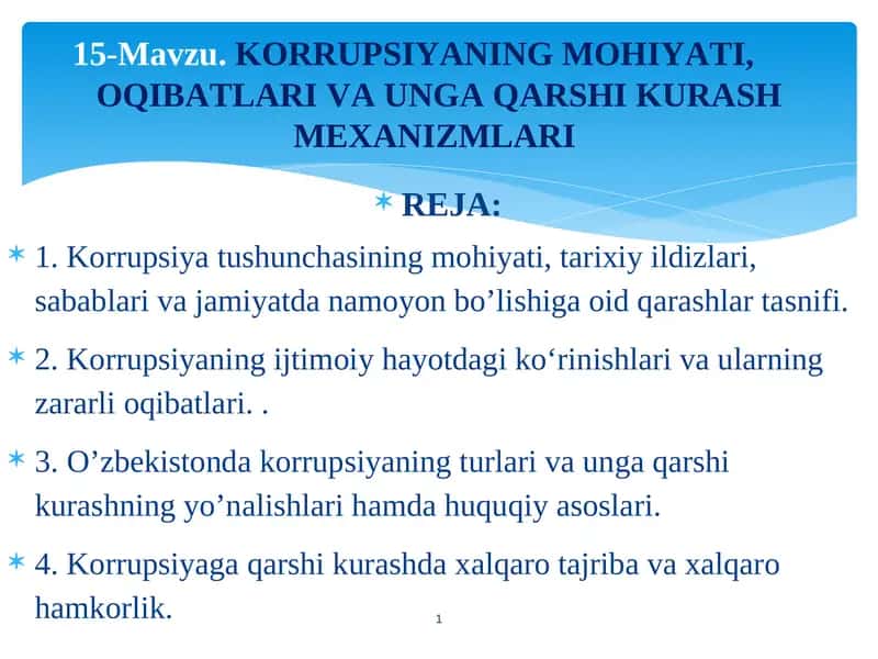 KORRUPSIYANING MOHIYATI, OQIBATLARI VA UNGA QARSHI KURASH MEXANIZMLARI