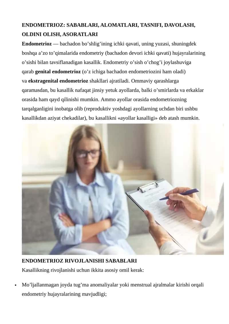ENDOMETRIOZ: SABABLARI, ALOMATLARI, TASNIFI, DAVOLASH, OLDINI OLISH, ASORATLARI