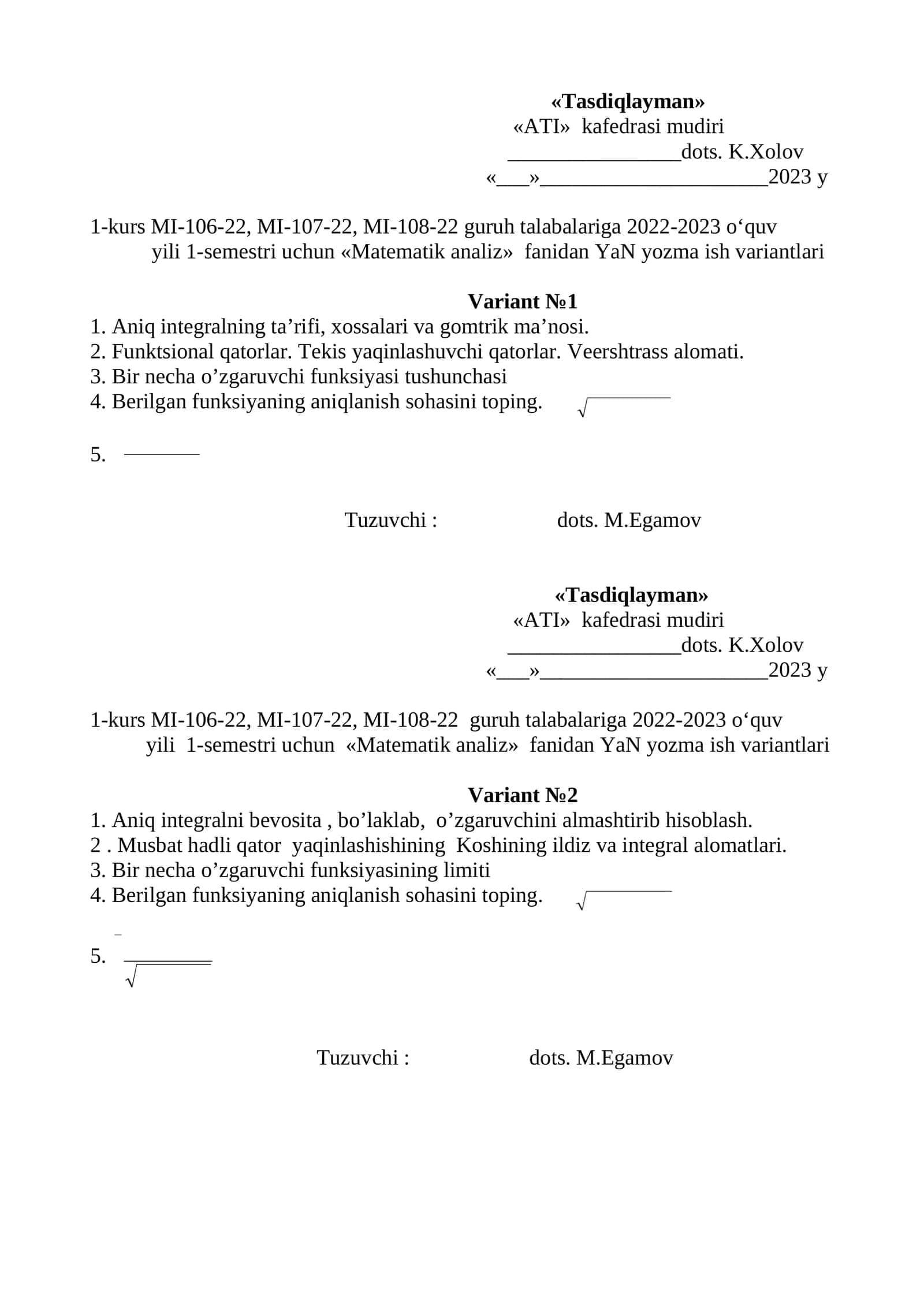 Matematik analiz YaN yozma ish variantlari