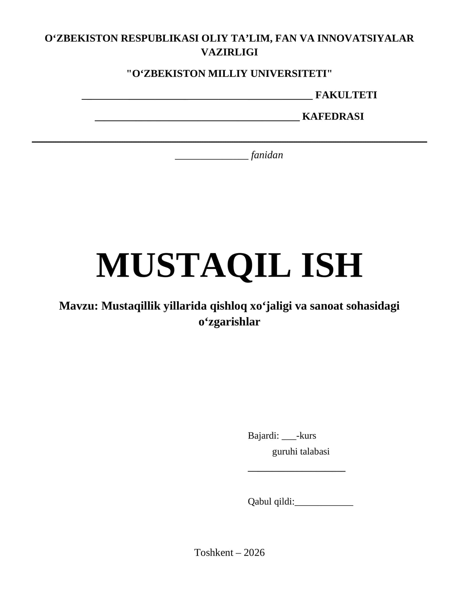 MUSTAQILLIK YILLARIDA QISHLOQ XOʻJALIGI VA SANOAT SOHASIDAGI OʻZGARISHLAR 2026 YIL