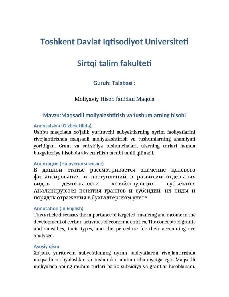 Maqsadli moliyalashtirish va tushumlarning hisobi