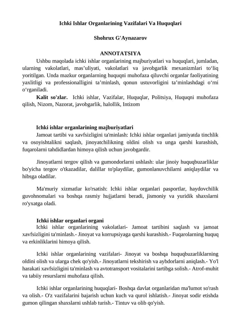 Ichki Ishlar Organlarining Vazifalari Va Huquqlari