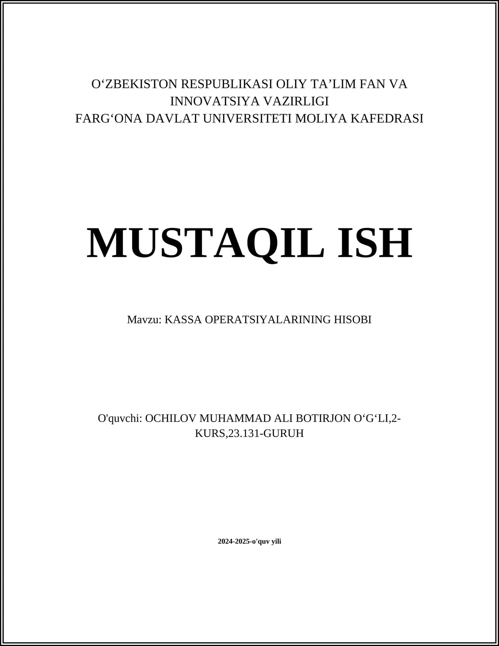 Kassa operatsiyalarining hisobi